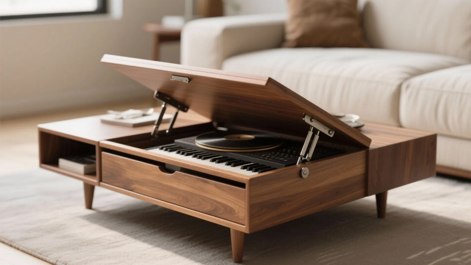 Wooden coffee table with lifting top revealing a small musical keyboard and black record player