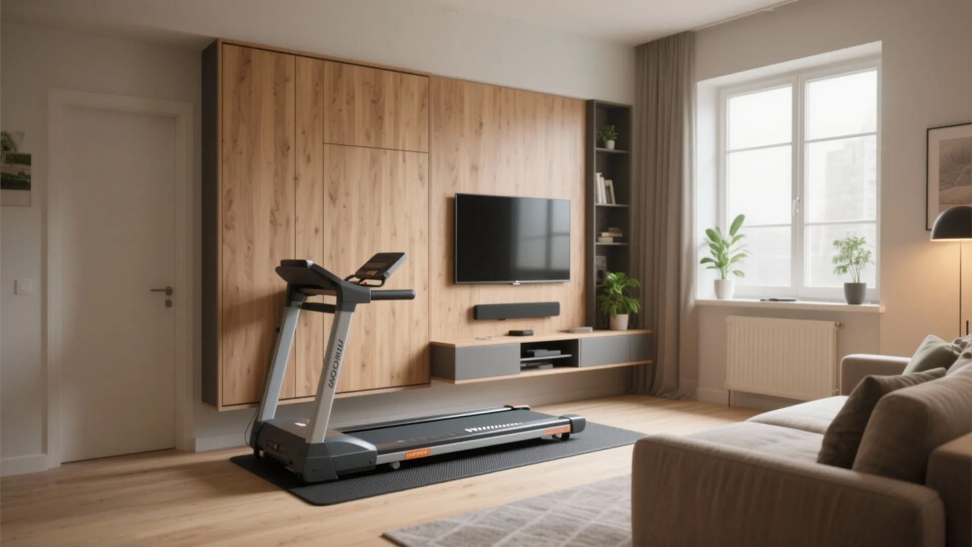 Modern living room featuring a treadmill placed in front of a wooden wall mounted cabinet
