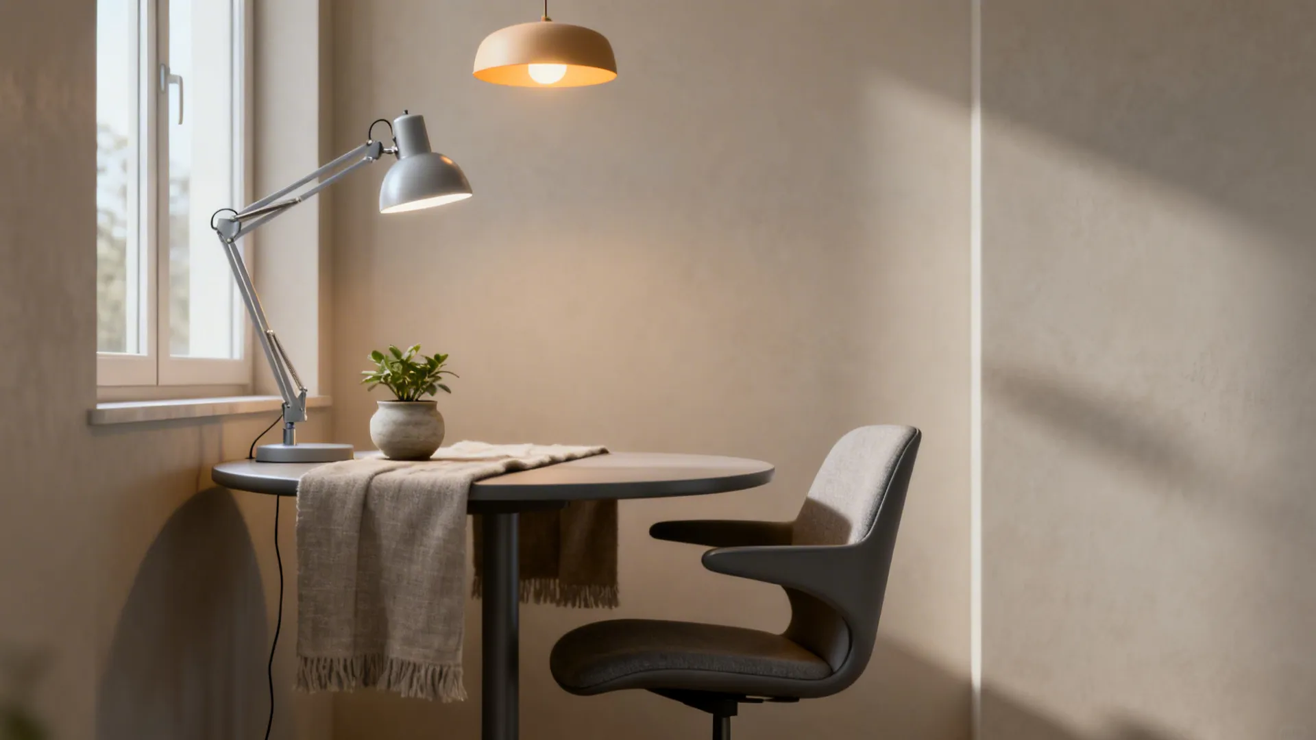 Corner with a round table, ergonomic chair, and layered lighting for work and dining.
