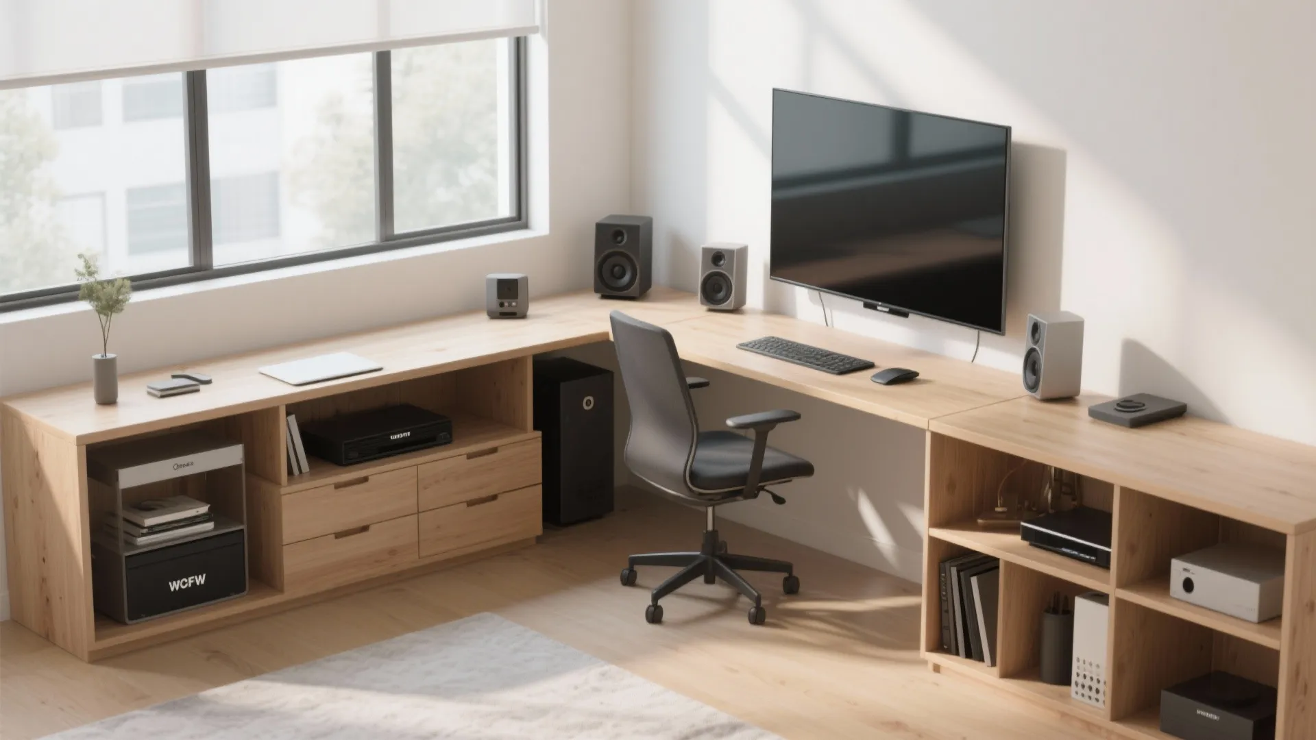 Large wooden corner desk with black office chair computer monitor and speakers near a window
