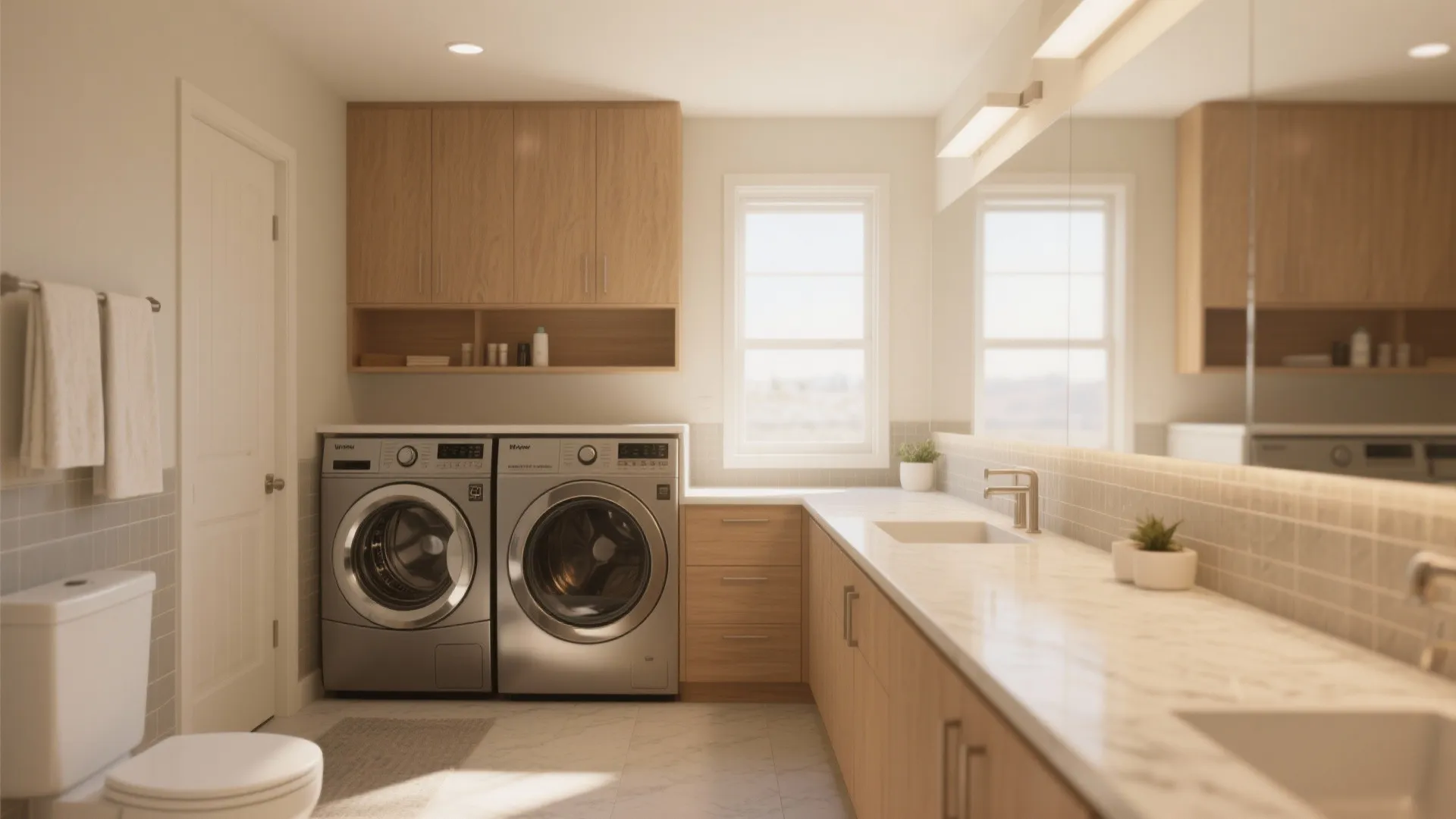 Bright laundry room with side by side silver machines wooden cabinets and long marble countertop