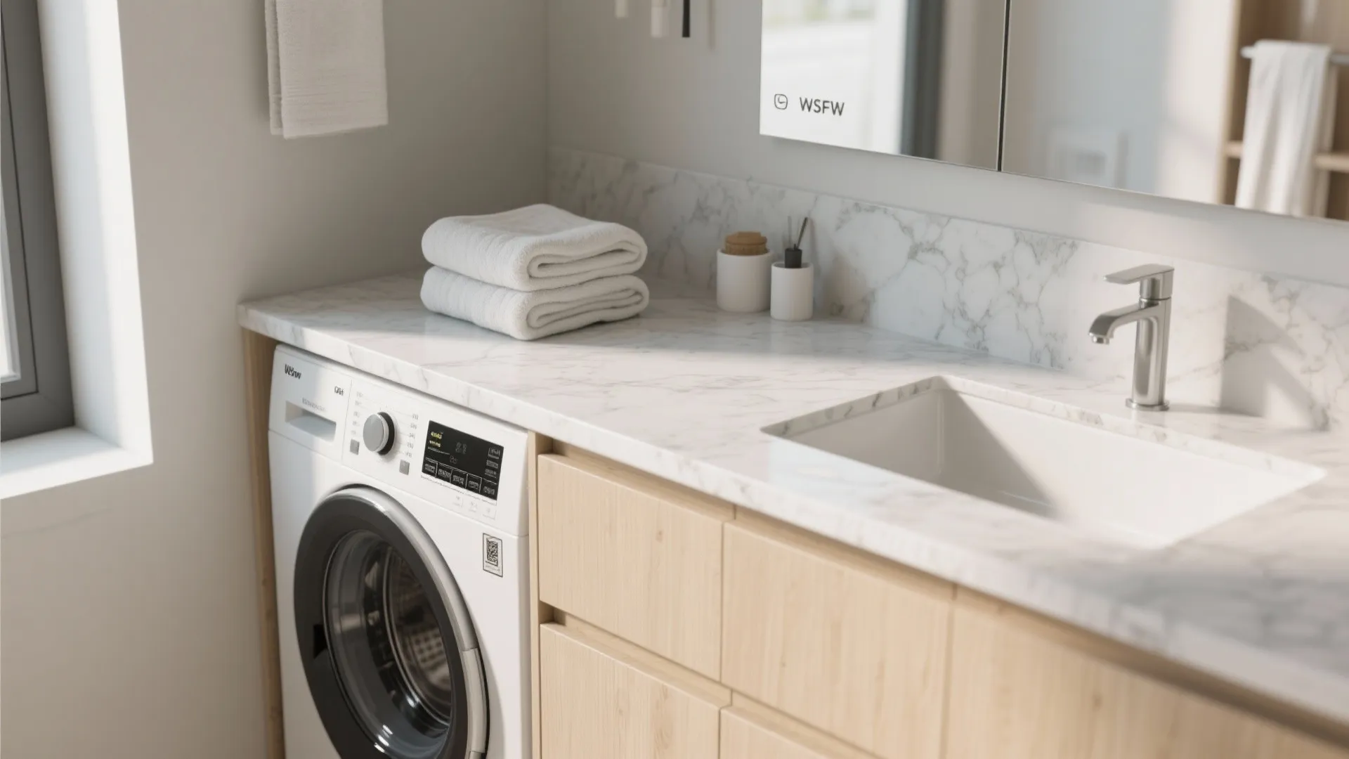 Marble countertop with integrated sink and washing machine installed under wooden cabinets in bright bathroom