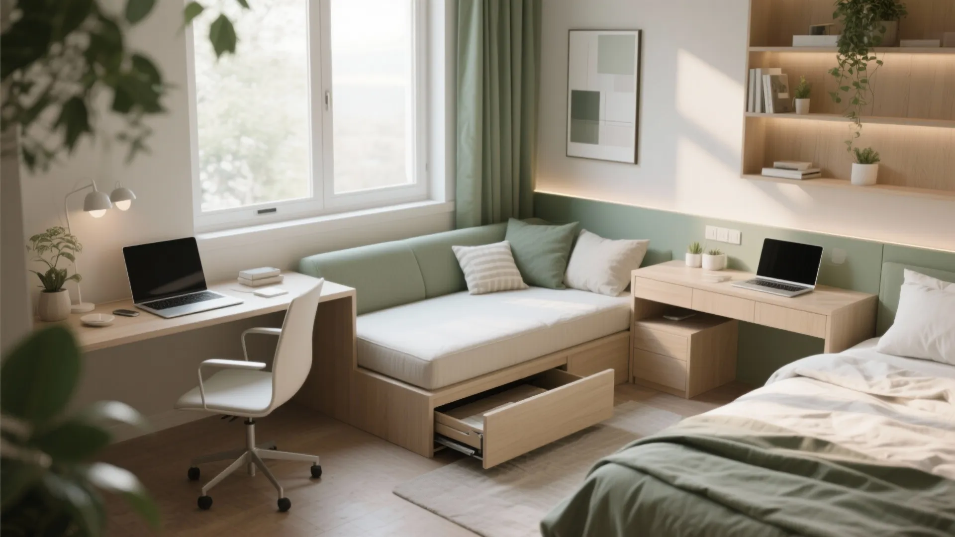 Modern small bedroom with wooden desk, office chair, green sofa bed, and built in shelving