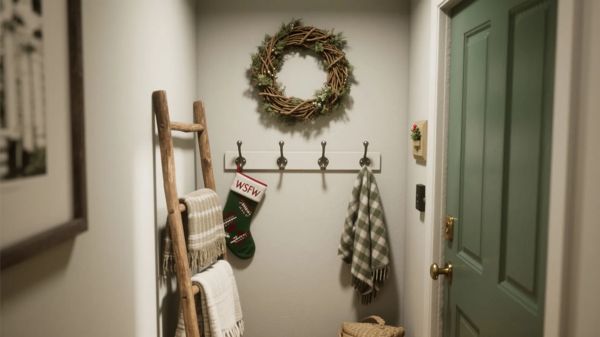 Small hallway with green door wooden ladder hanging wreath wall hooks and a festive green stocking