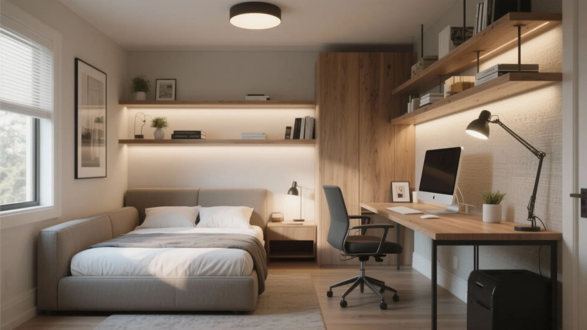 Small bedroom office combo with grey sofa bed wood desk shelves and warm interior lighting