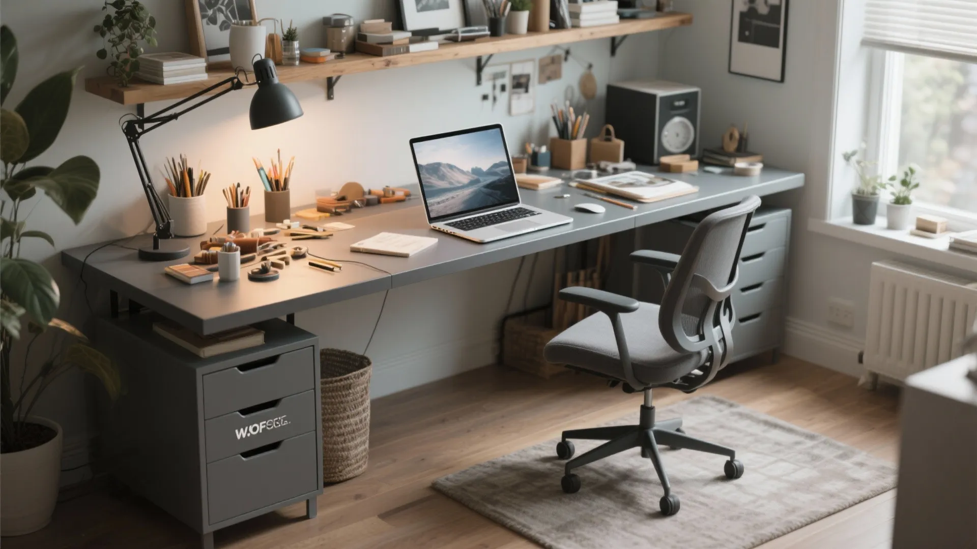 Modern grey home office desk with laptop chair cabinet shelf plants and large window view