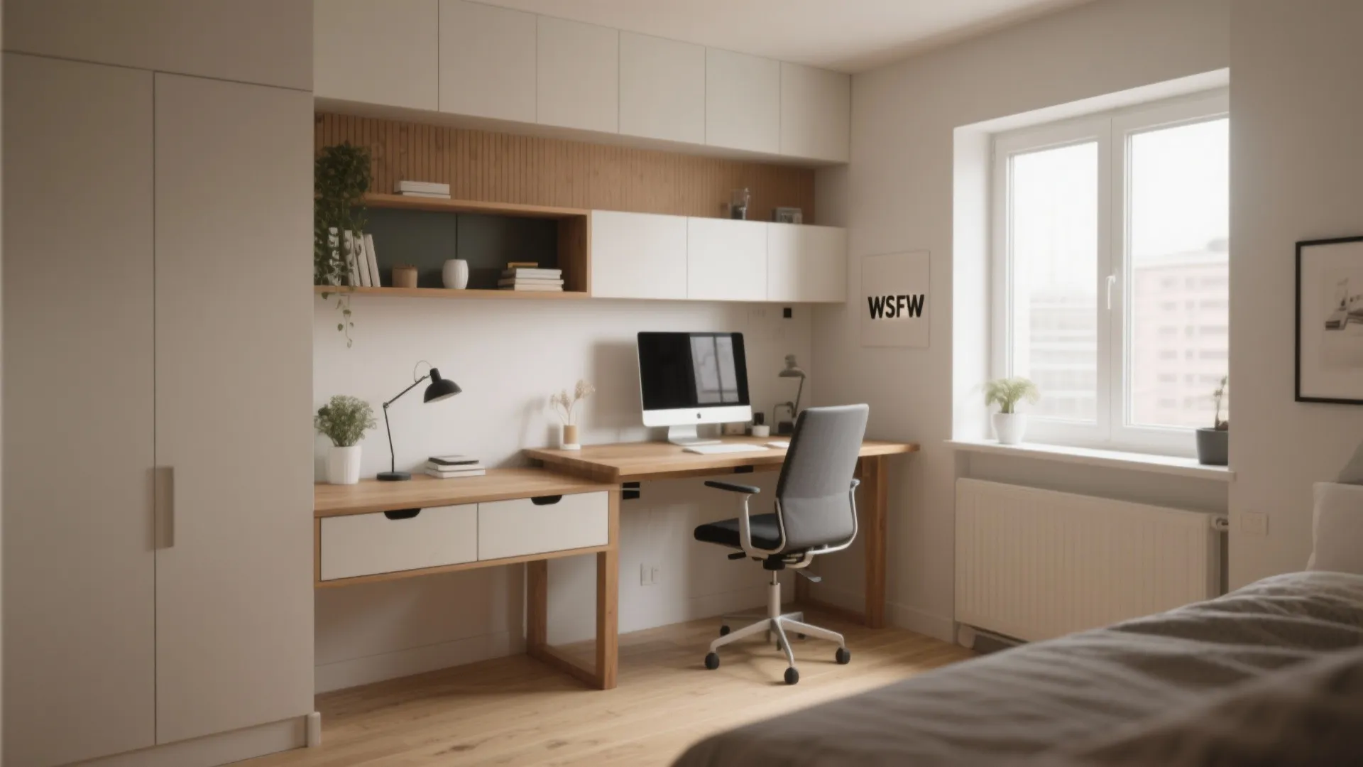Minimalist home office corner with wooden desk computer grey chair white cabinet and large window