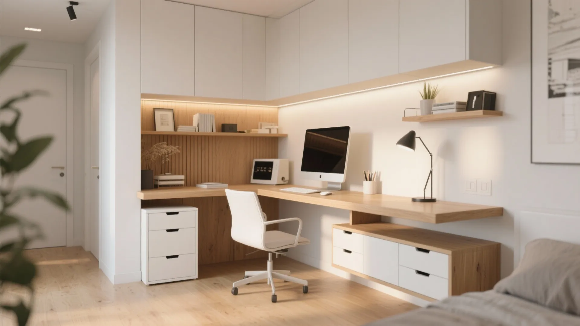 Corner wooden desk setup in bedroom with white chair, computer, wall shelves, and warm lighting