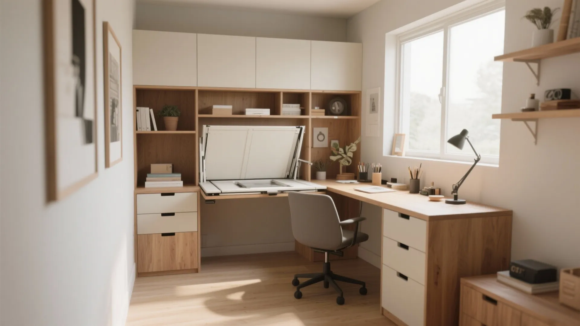 Interior design drawing of wooden desk with adjustable tabletop drawers and black desk light fixture