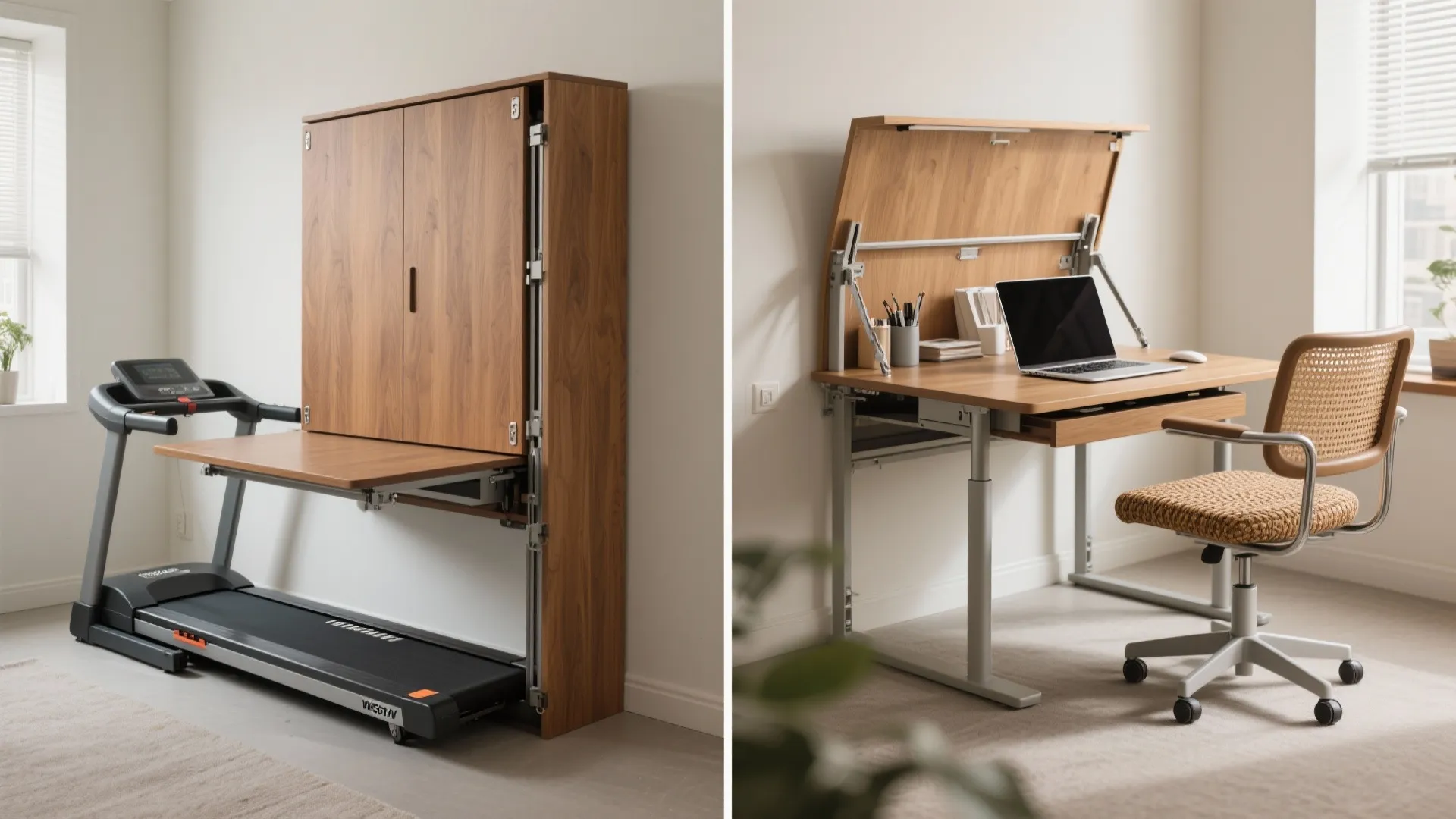 Dual purpose wooden wall desk with a treadmill on left and working area on right