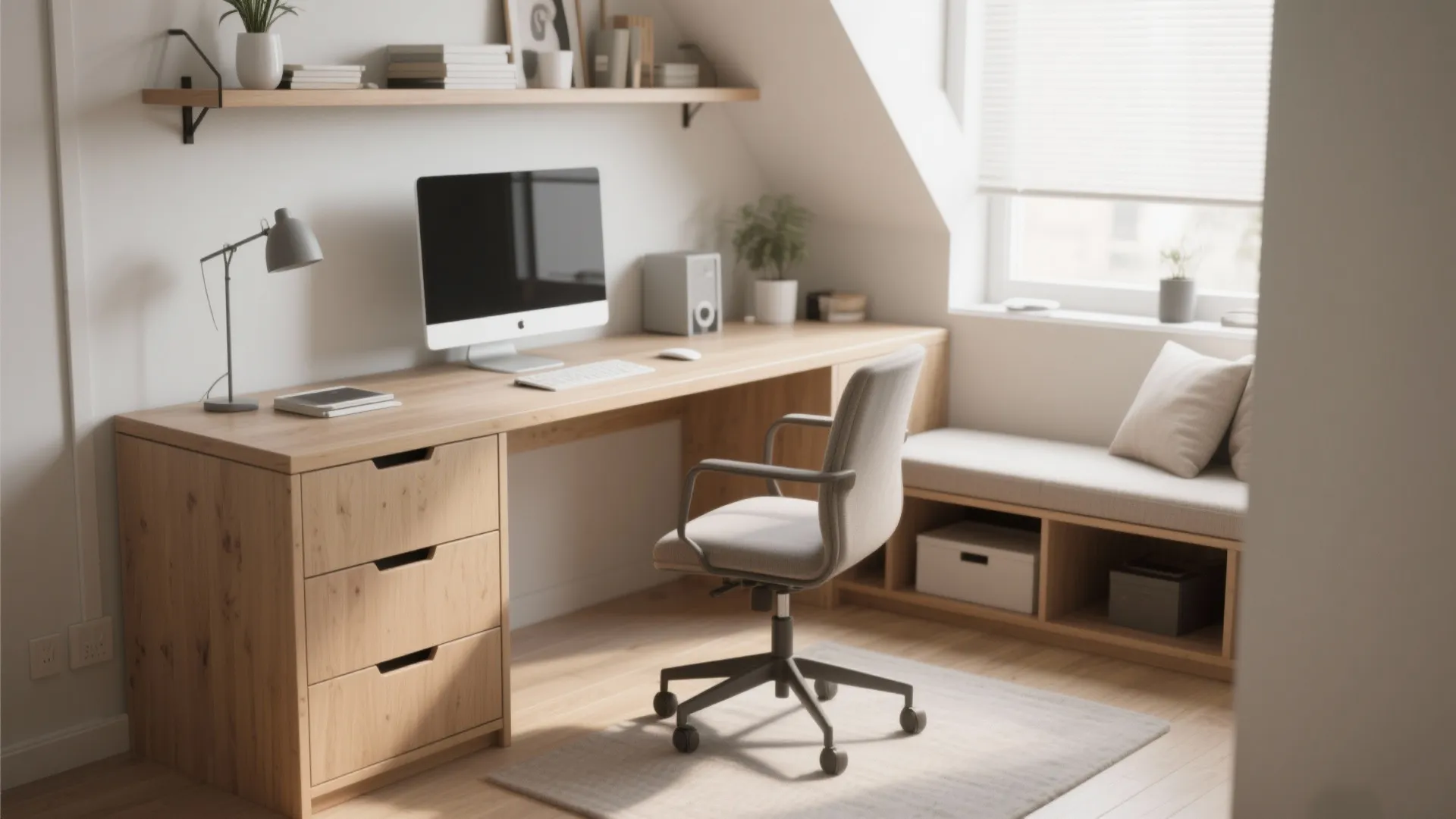 Desk with built-in drawers and bench with hidden storage