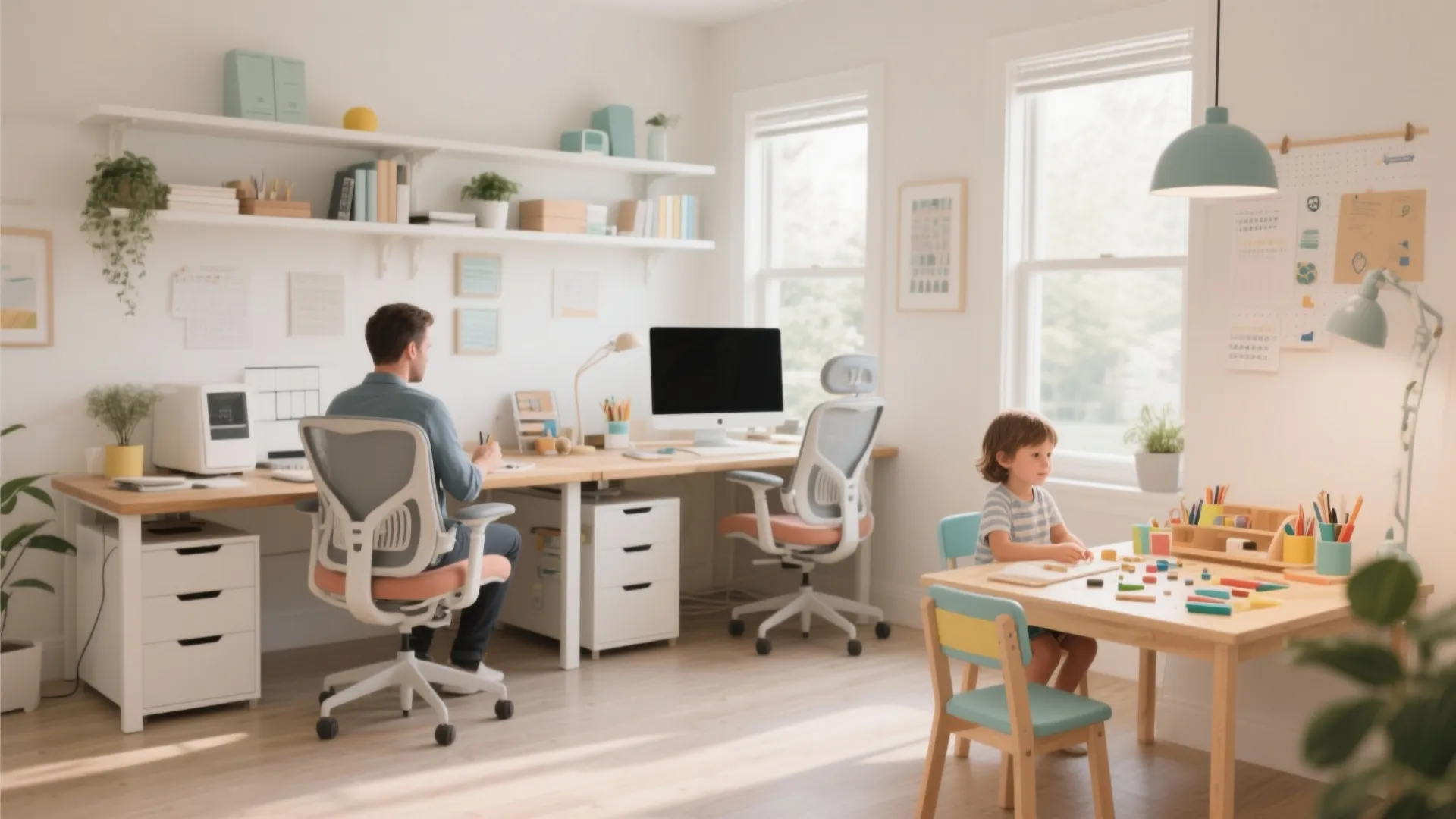 Man working at wooden desk next to a child playing in a bright shared home office