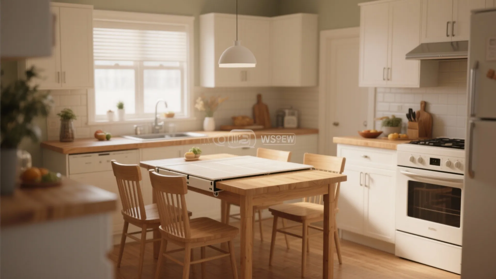 Small dining table in kitchen doubling as prep space