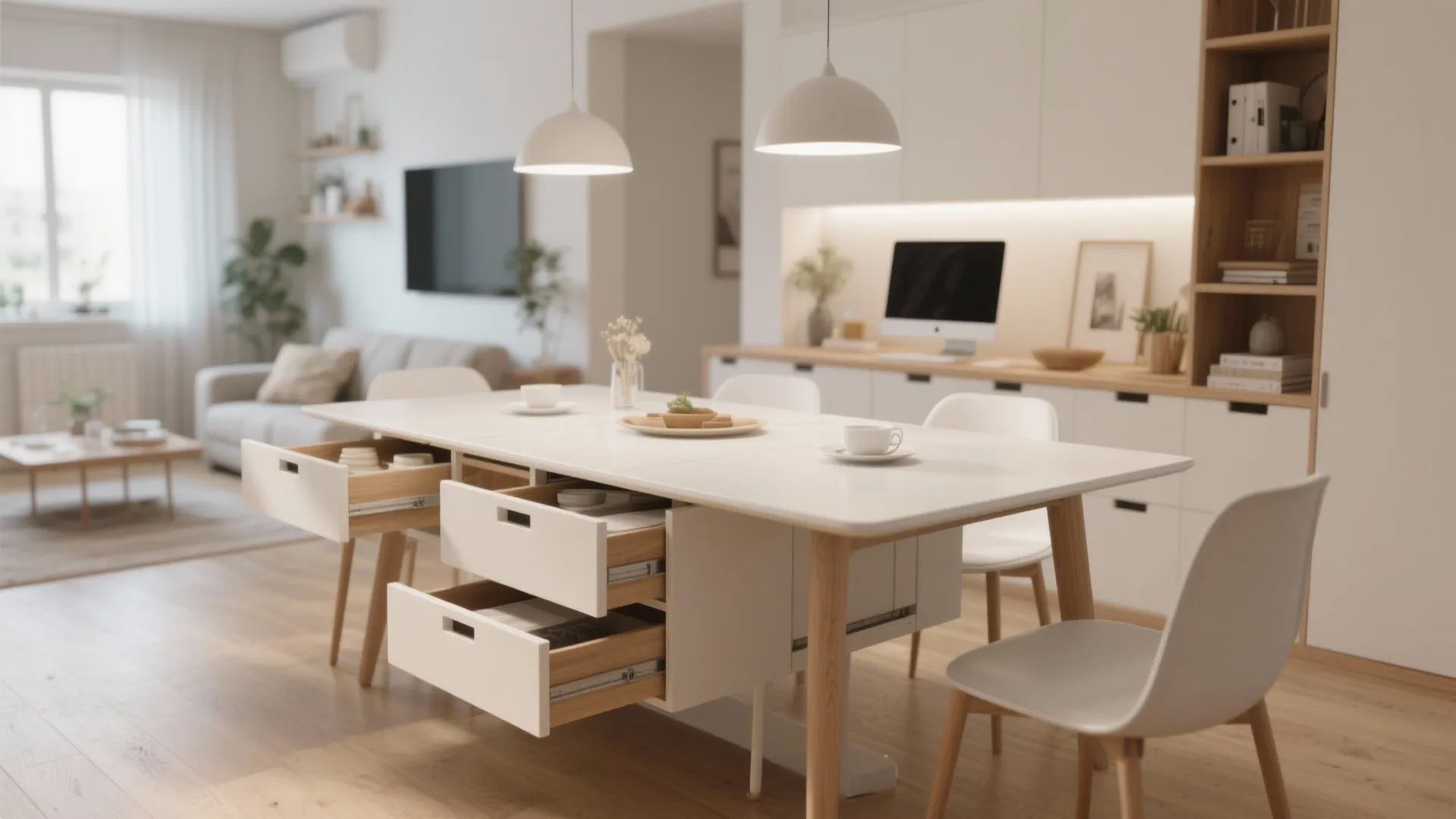 White dining table with open drawers in a bright room featuring computer desk and cabinet