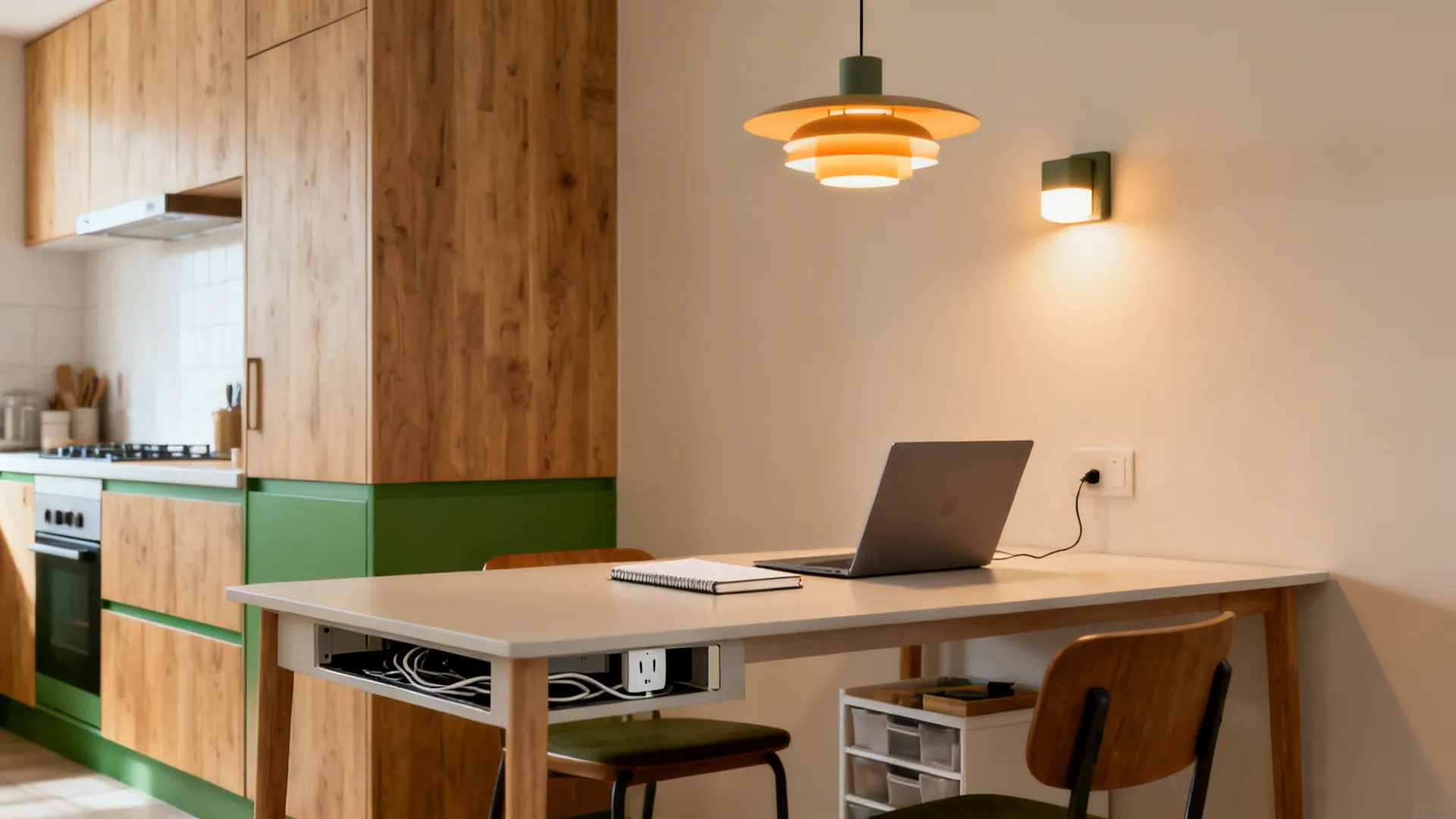 Small dining table with concealed power and cable management, set for both work and meals.
