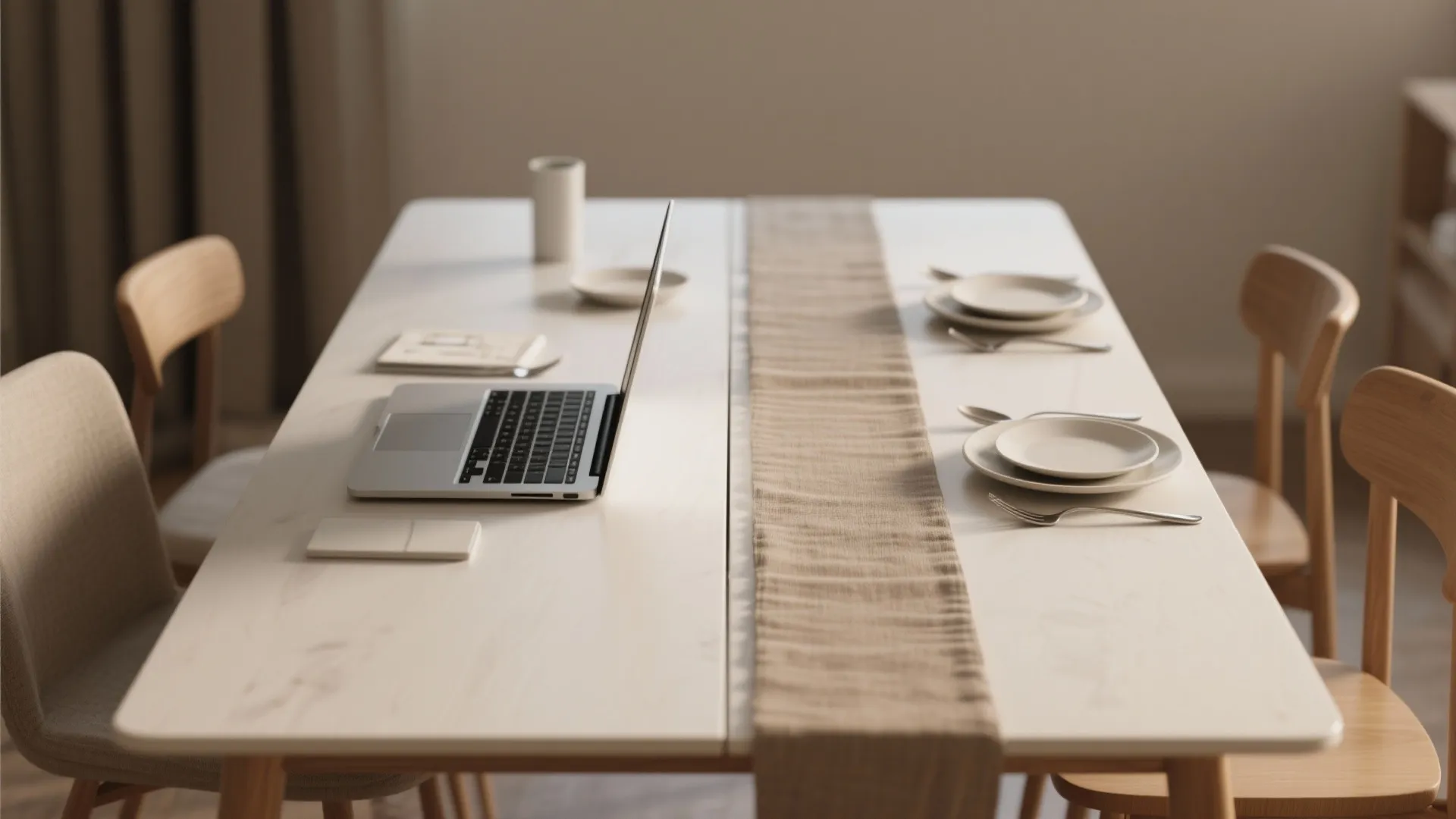 Long white dining table used as workspace with laptop plates and wooden chairs in sunlight