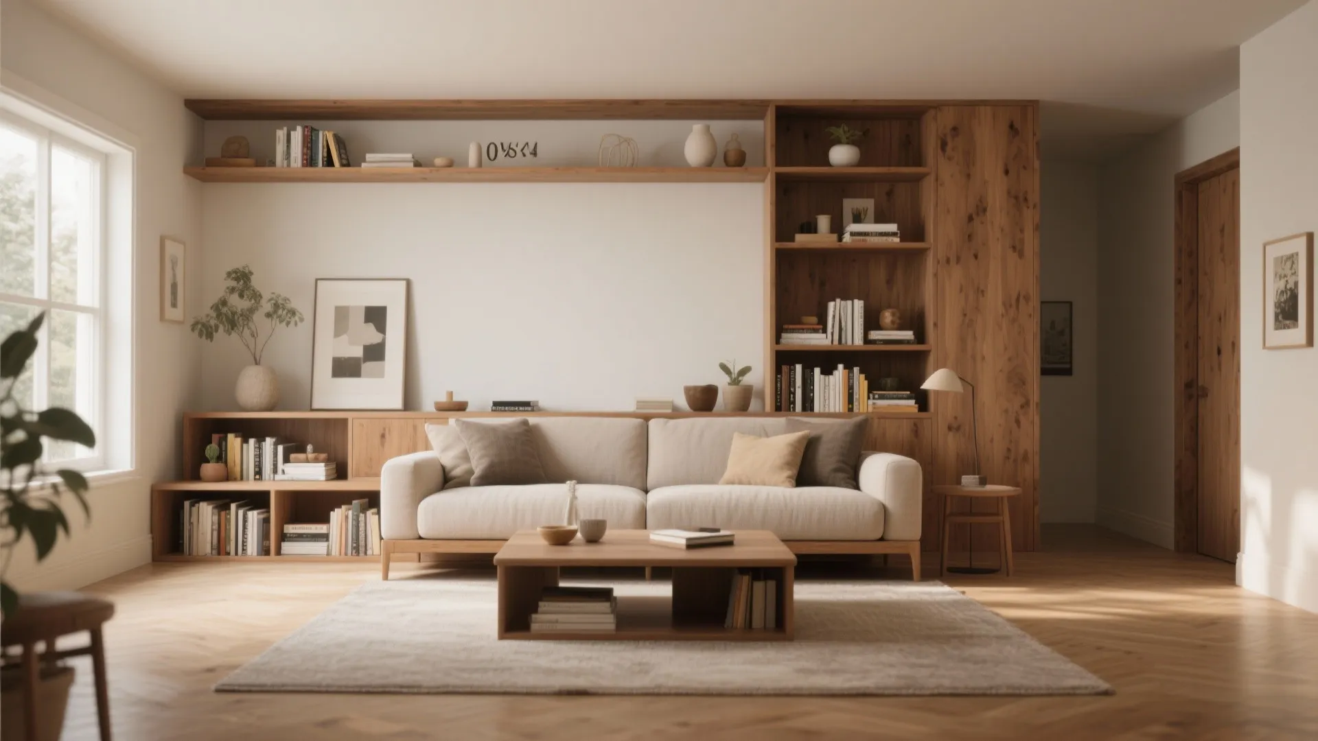 Minimalist living room with white sofa wooden shelves filled with books and a coffee table