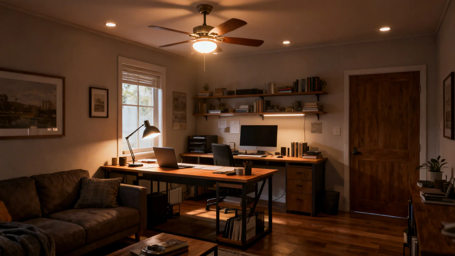Compact fan-light above a small living room used as home office