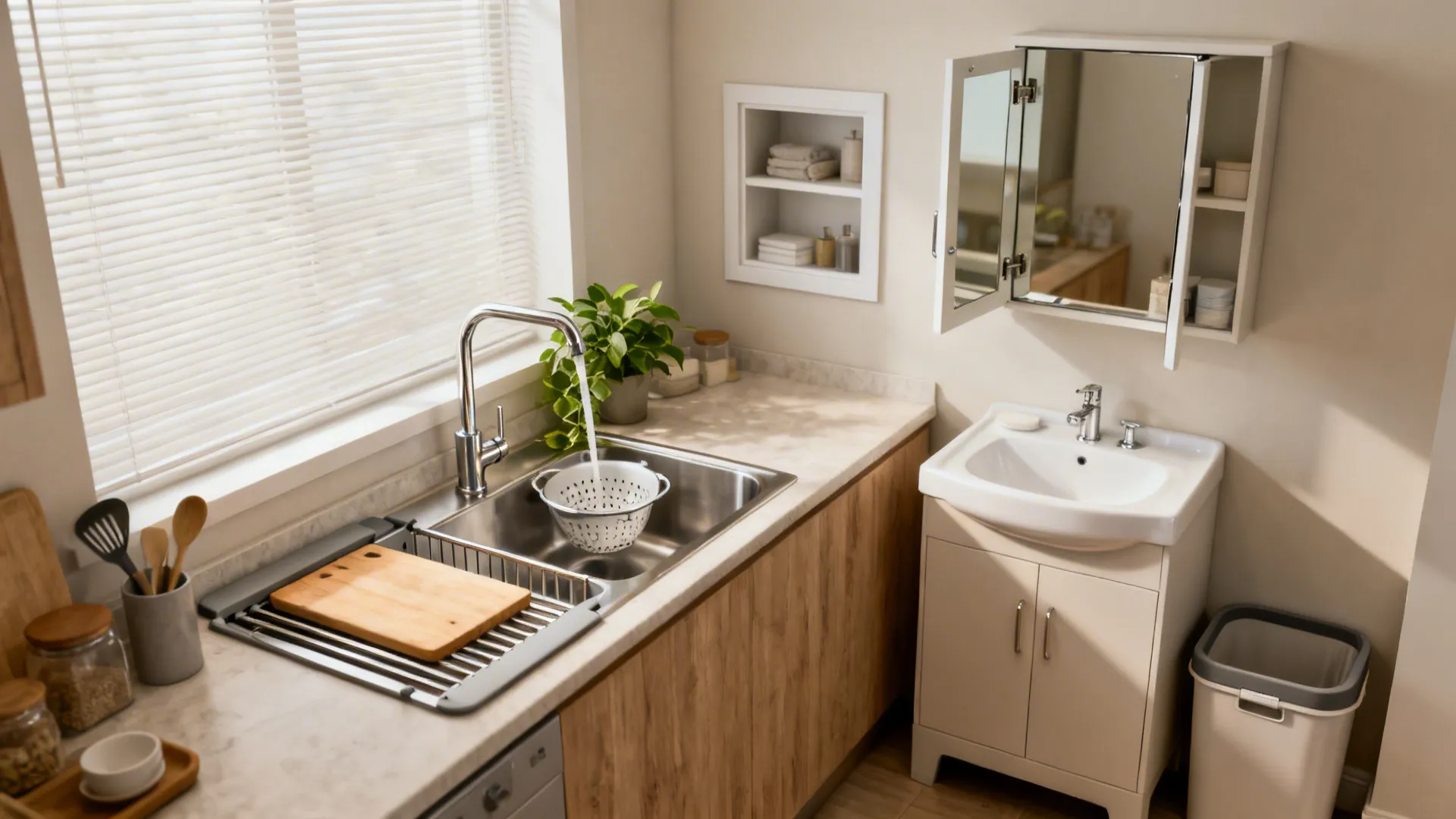 Compact spaces featuring a workstation sink, pull-down faucet, integrated-hamper vanity, and recessed medicine cabinet.