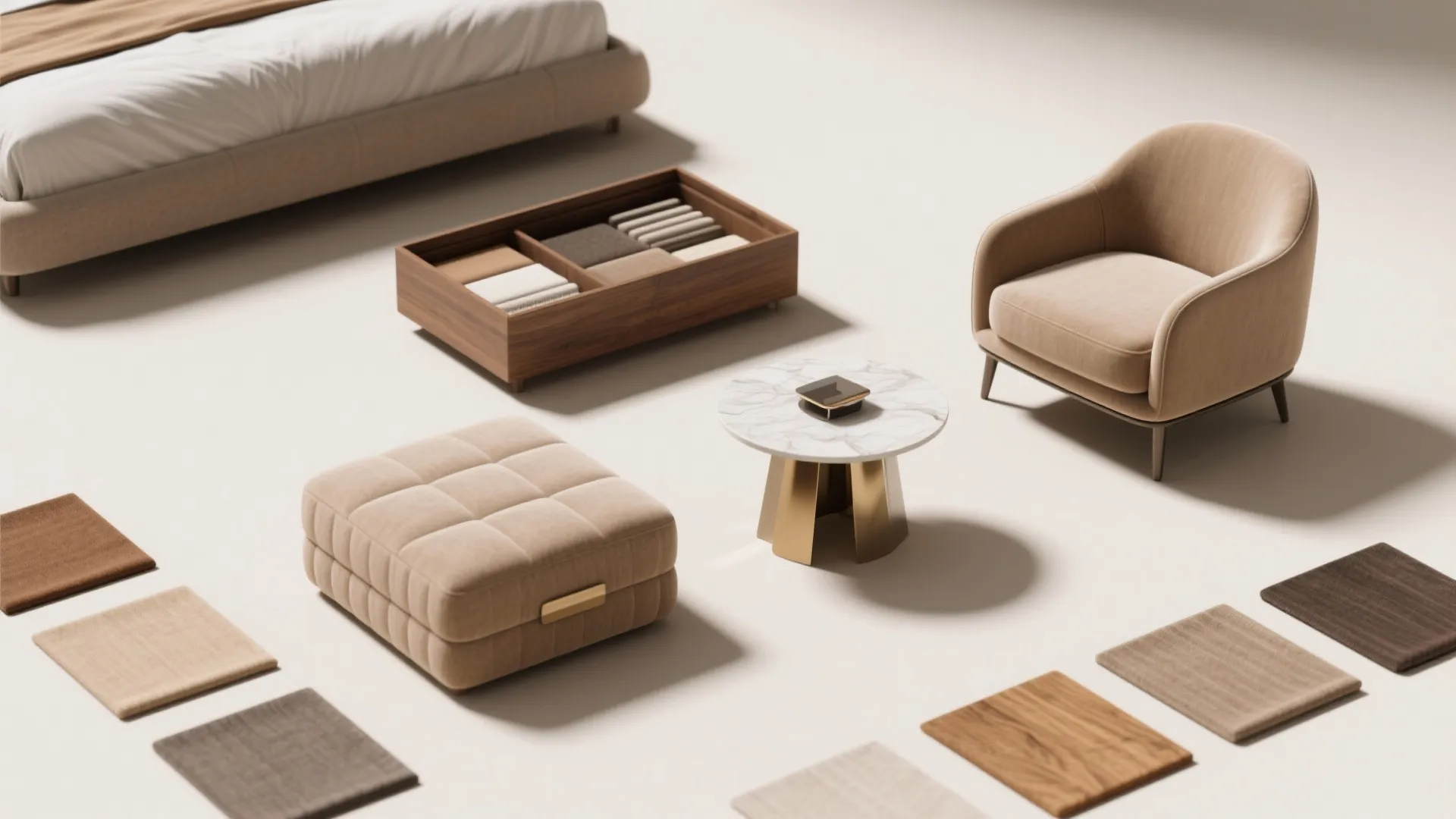 Modern bedroom furniture collection with beige armchair marble coffee table wooden storage box and fabric samples
