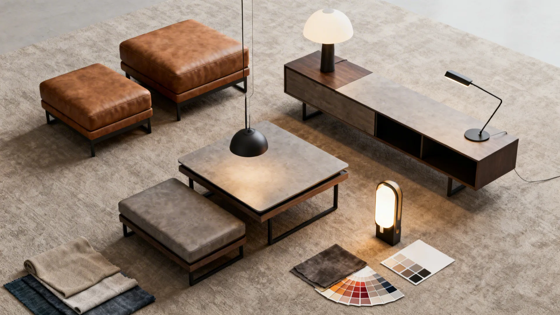 Flatlay of multifunctional furniture pieces and zoned lighting samples with fabric swatches and color chips.