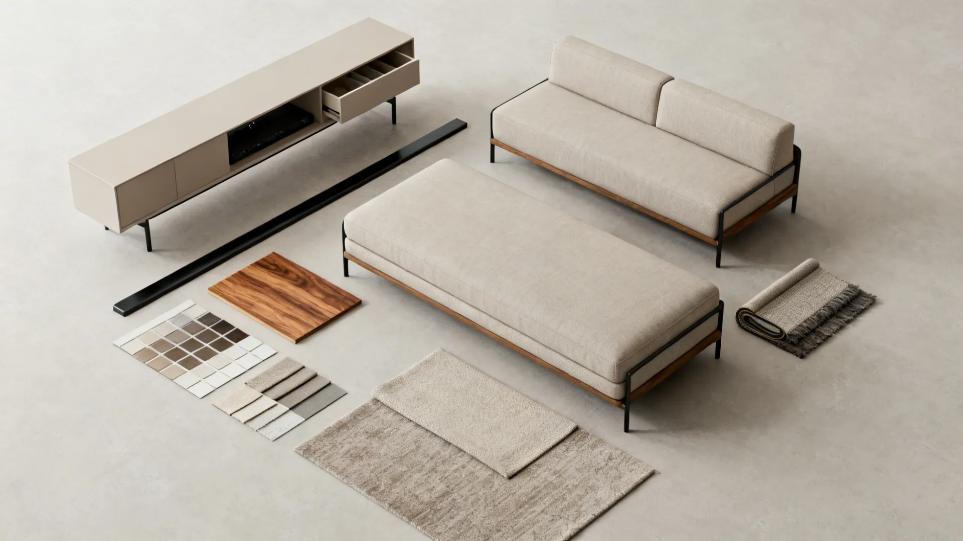 Flatlay of slim-profile furniture pieces and material samples for small living rooms.