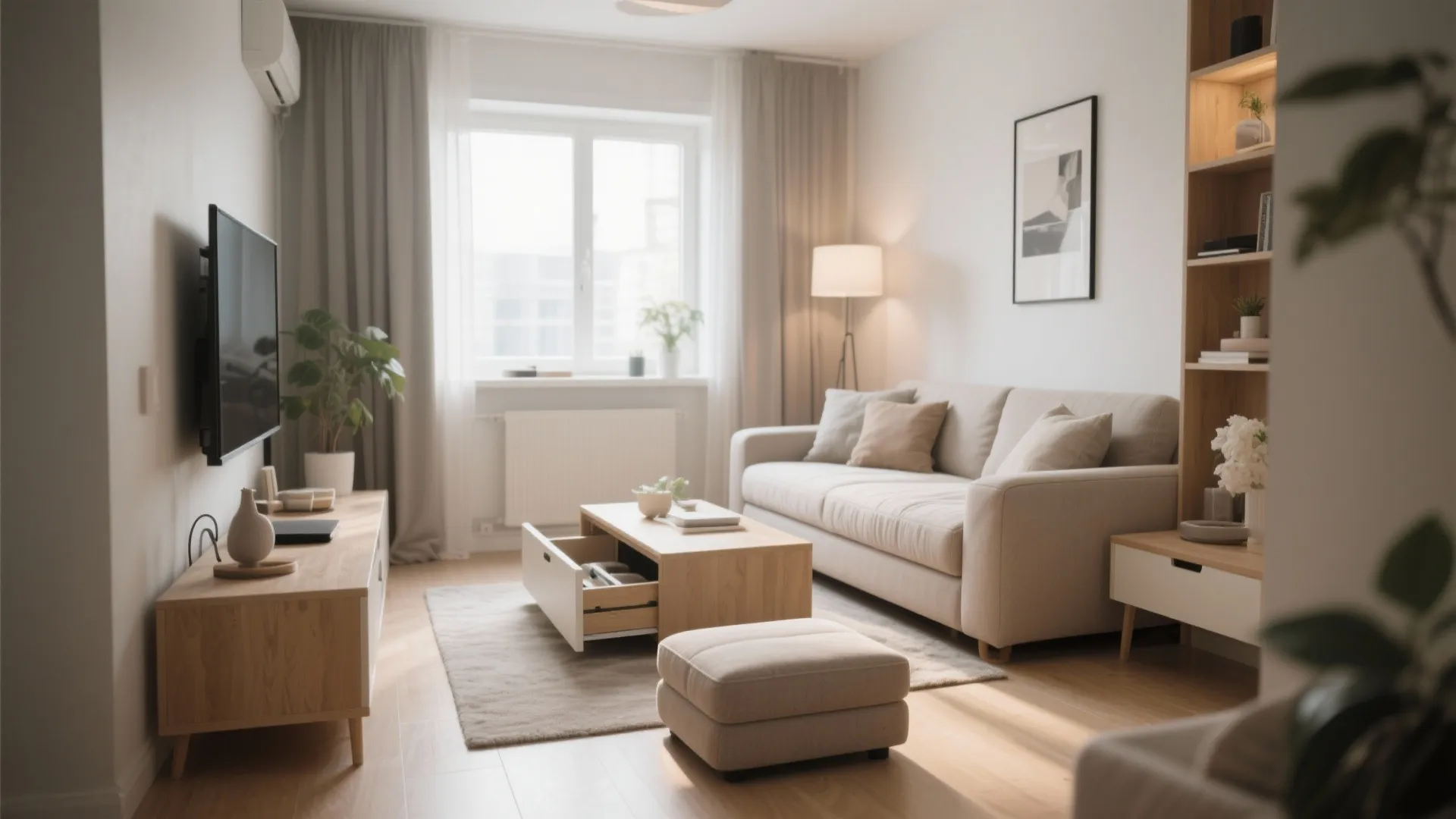 Small bright living room with beige sofa, wooden coffee table, footrest, TV cabinet, and windows