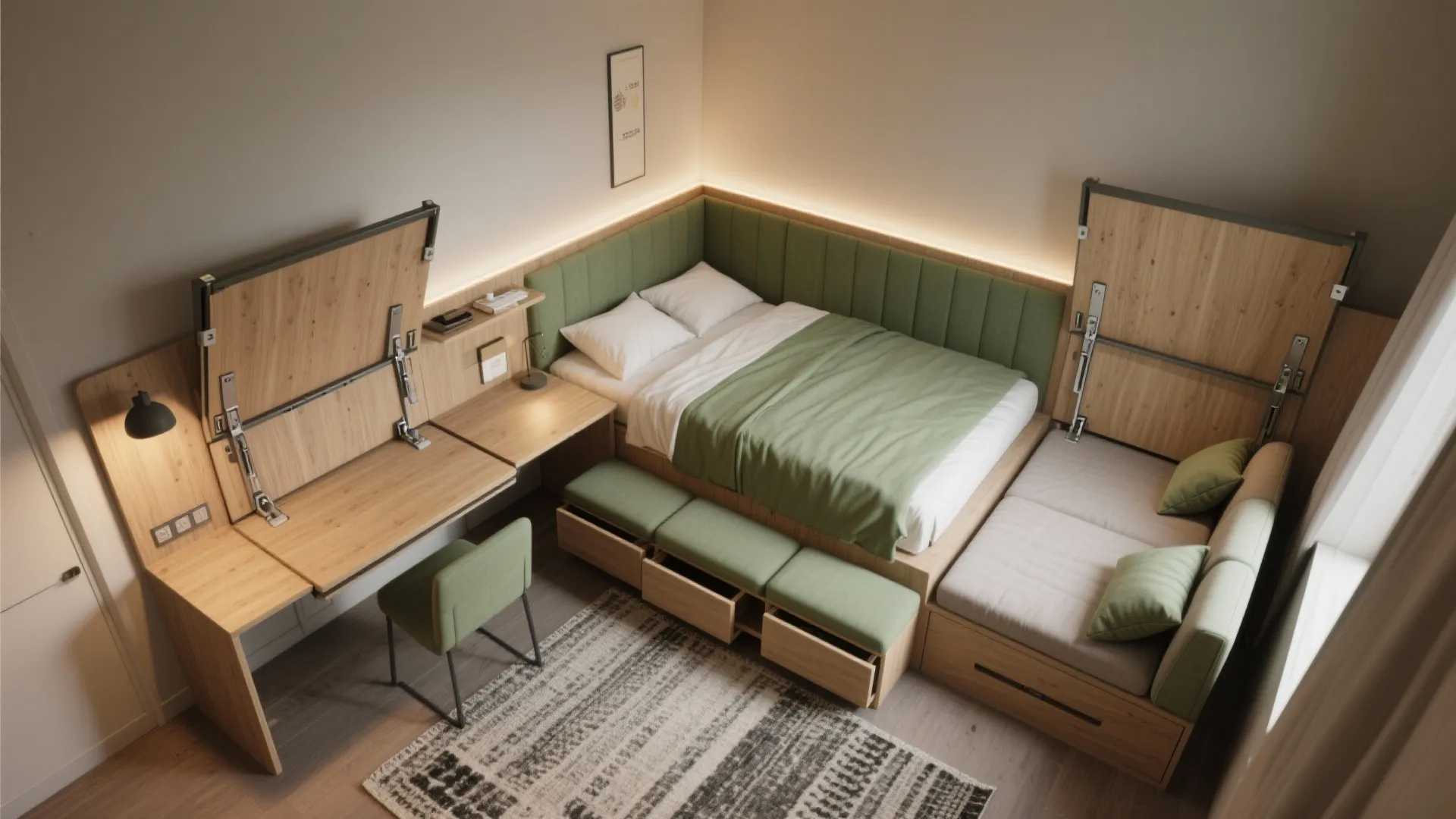 Top-down view of multi-use furniture showing fold-down desks, hidden storage benches, and conversion paths.