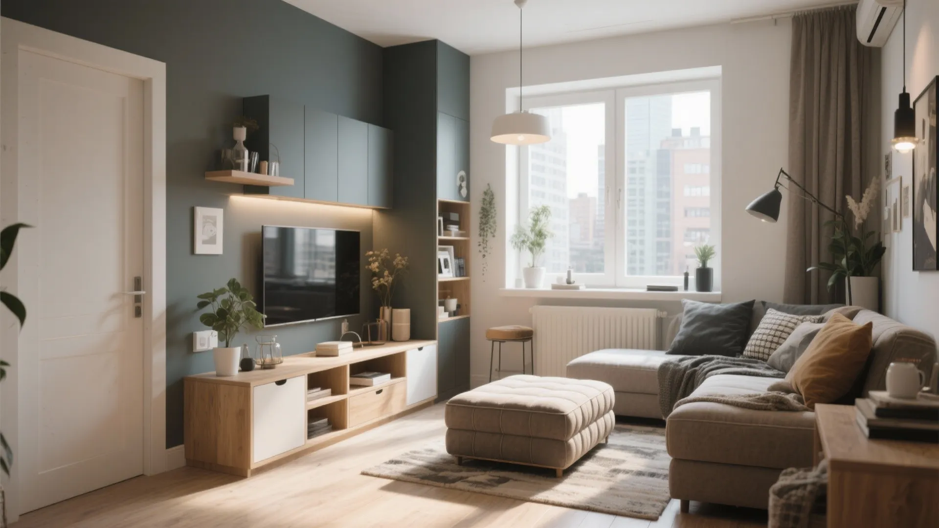 Modern living room with grey sofa, wooden cabinet, television, footrest, rug, and large bright window