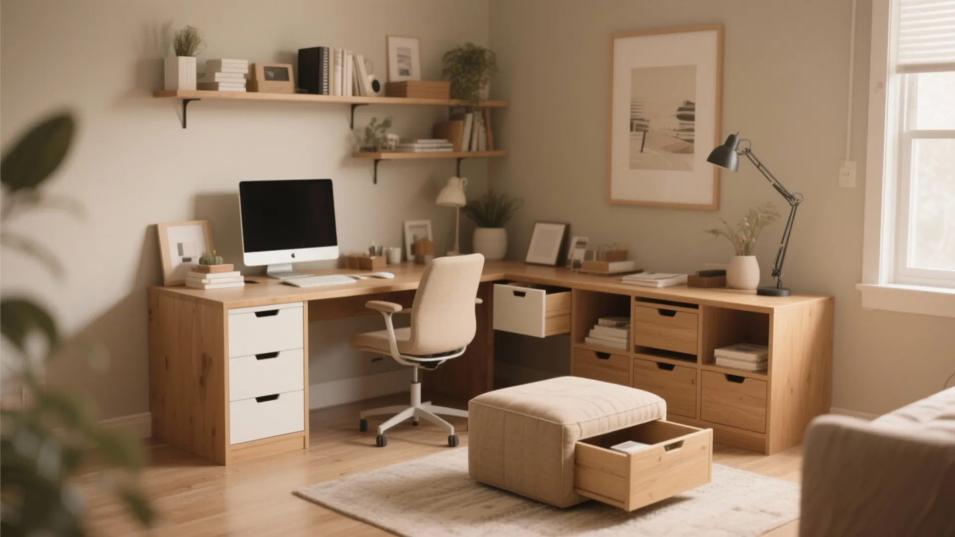 Wood corner desk with white drawers and a matching footrest with extra storage space inside
