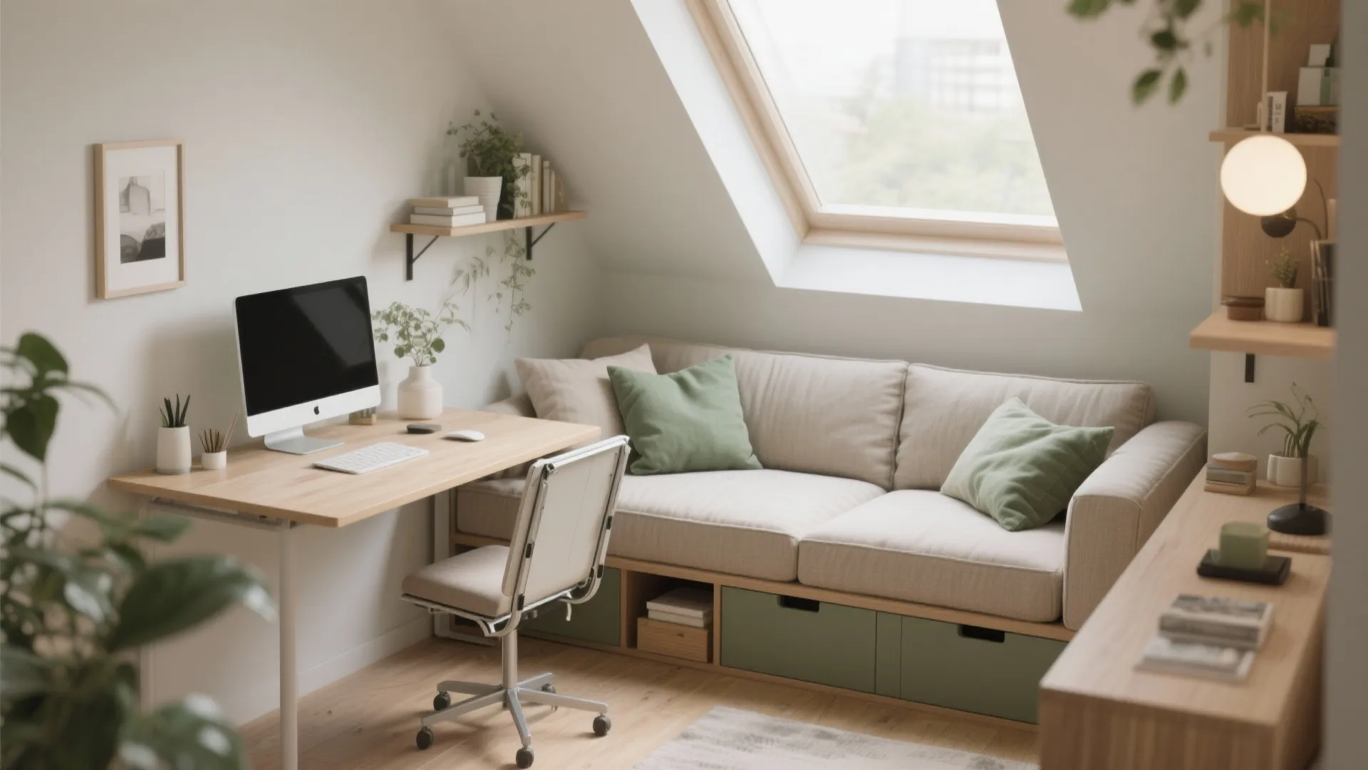 Modern attic office with wooden desk, computer, white chair, comfortable sofa, and bright roof window