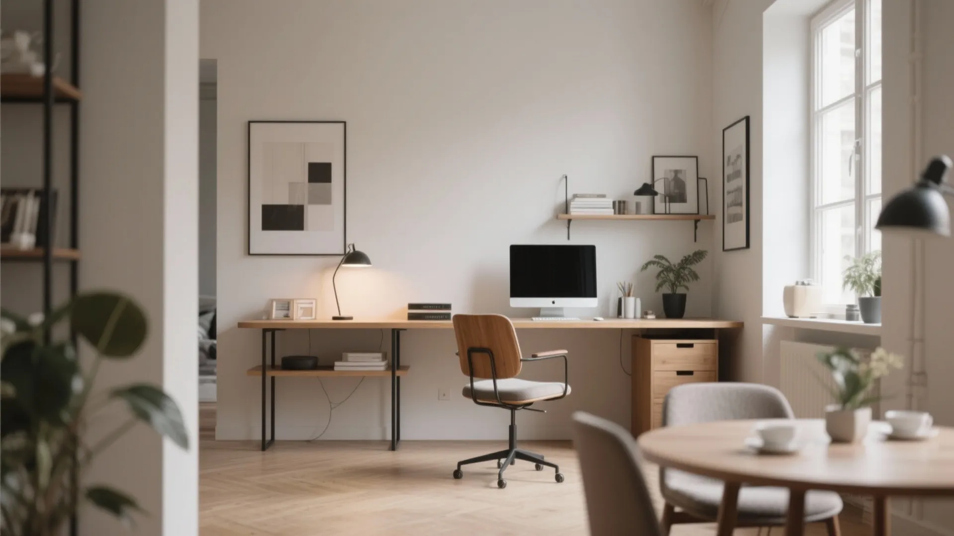 Minimalist home office corner with long wooden desk and chair and large windows and plants