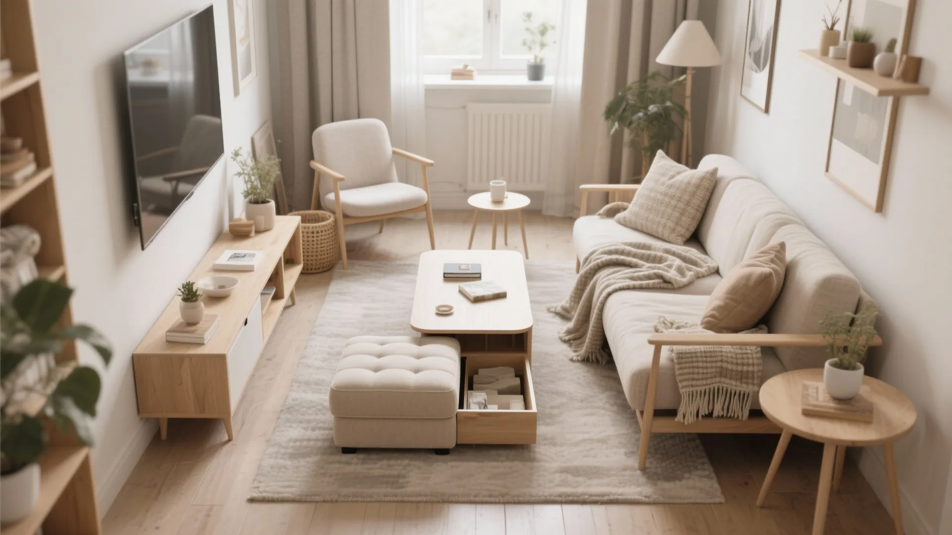 Small living room featuring multifunctional coffee table with storage footrest beige sofa and wooden cabinet