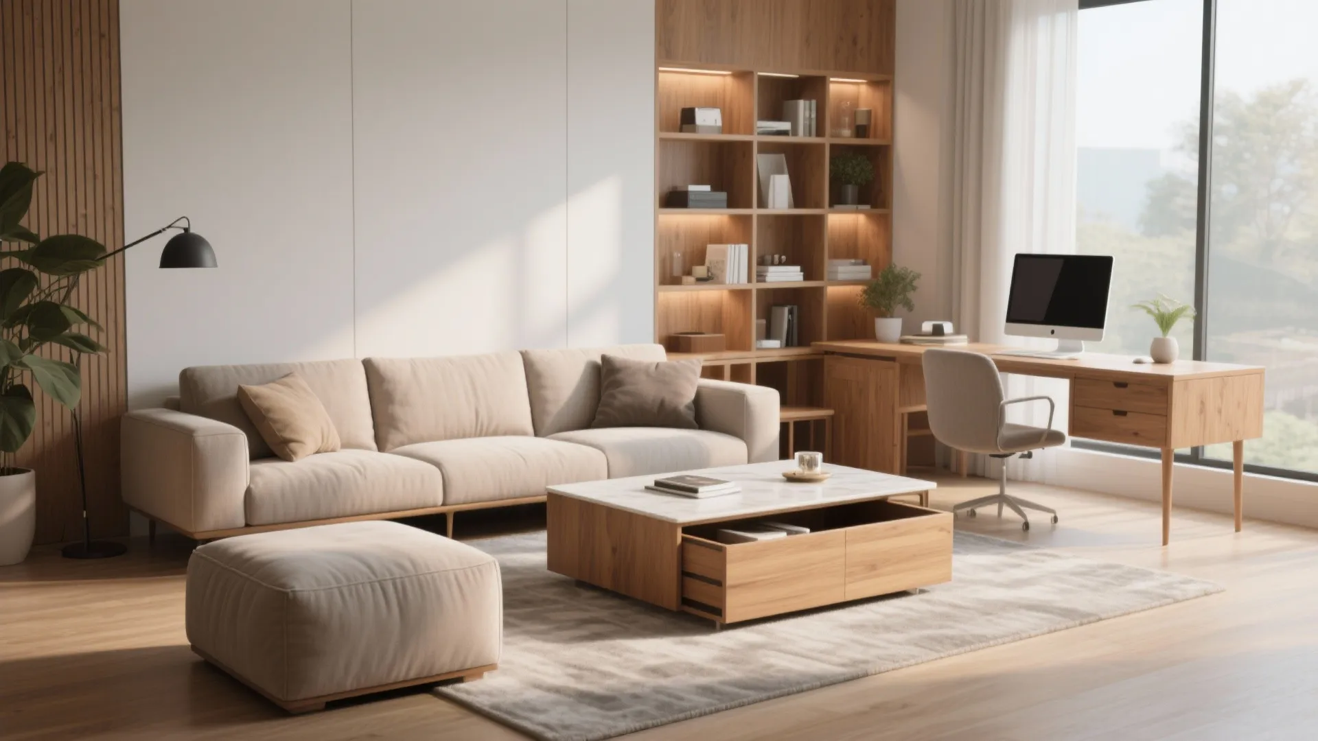 Bright home office with a wooden desk computer chair beige sofa and large wooden wall bookshelf