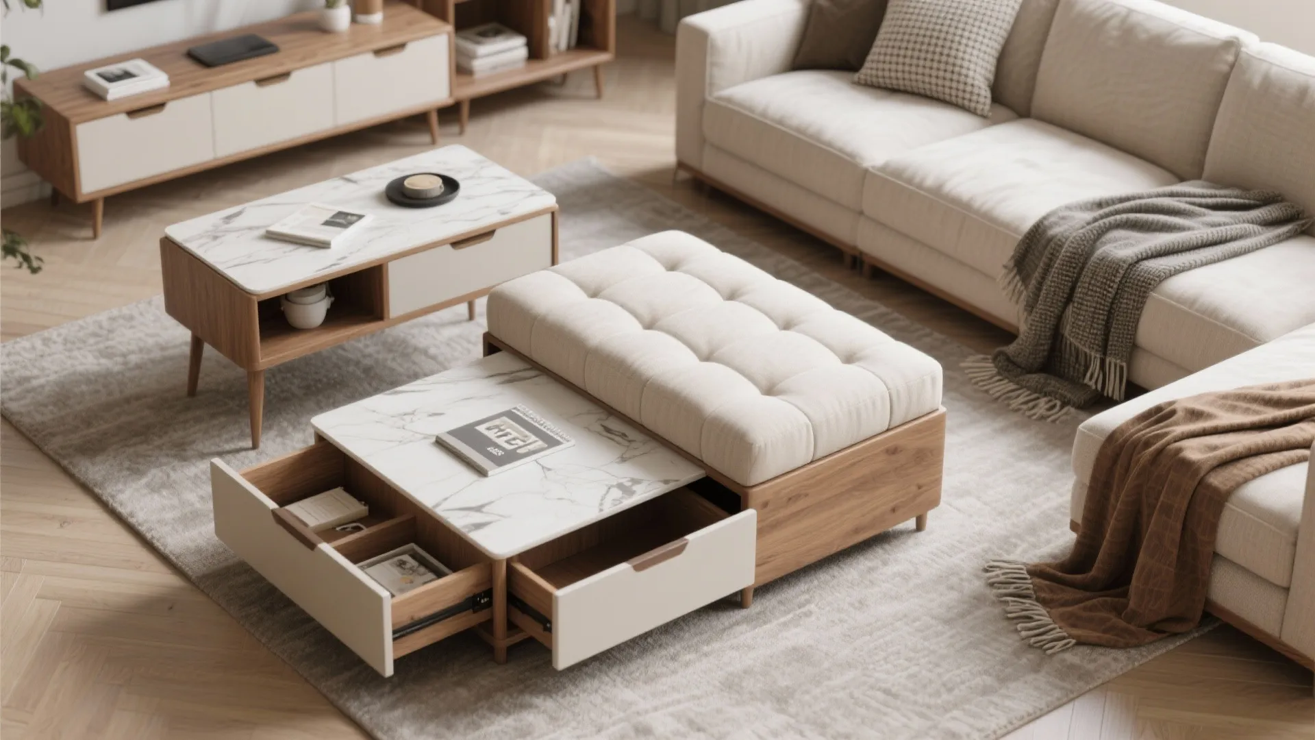 Multifunctional coffee table with marble top and open drawers next to a beige fabric sofa