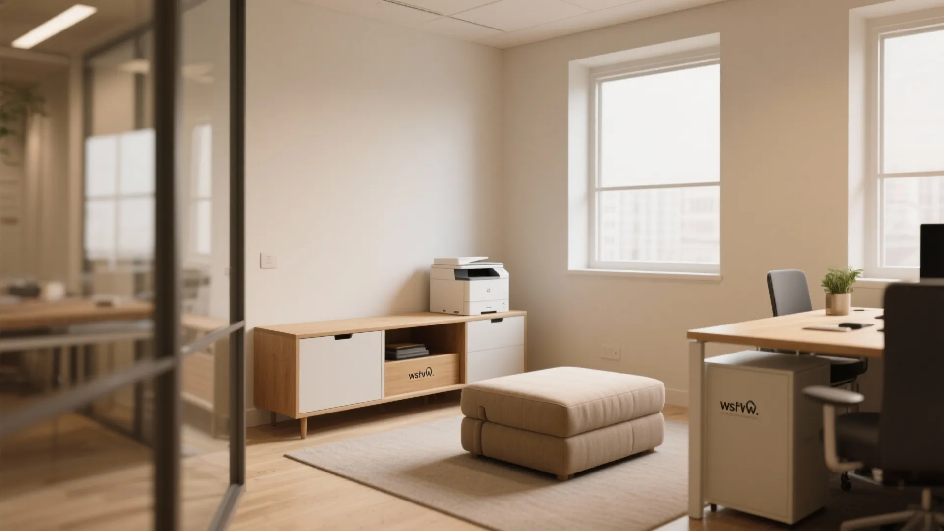 Modern office interior with wooden cabinet and beige footrest on a rug near the window