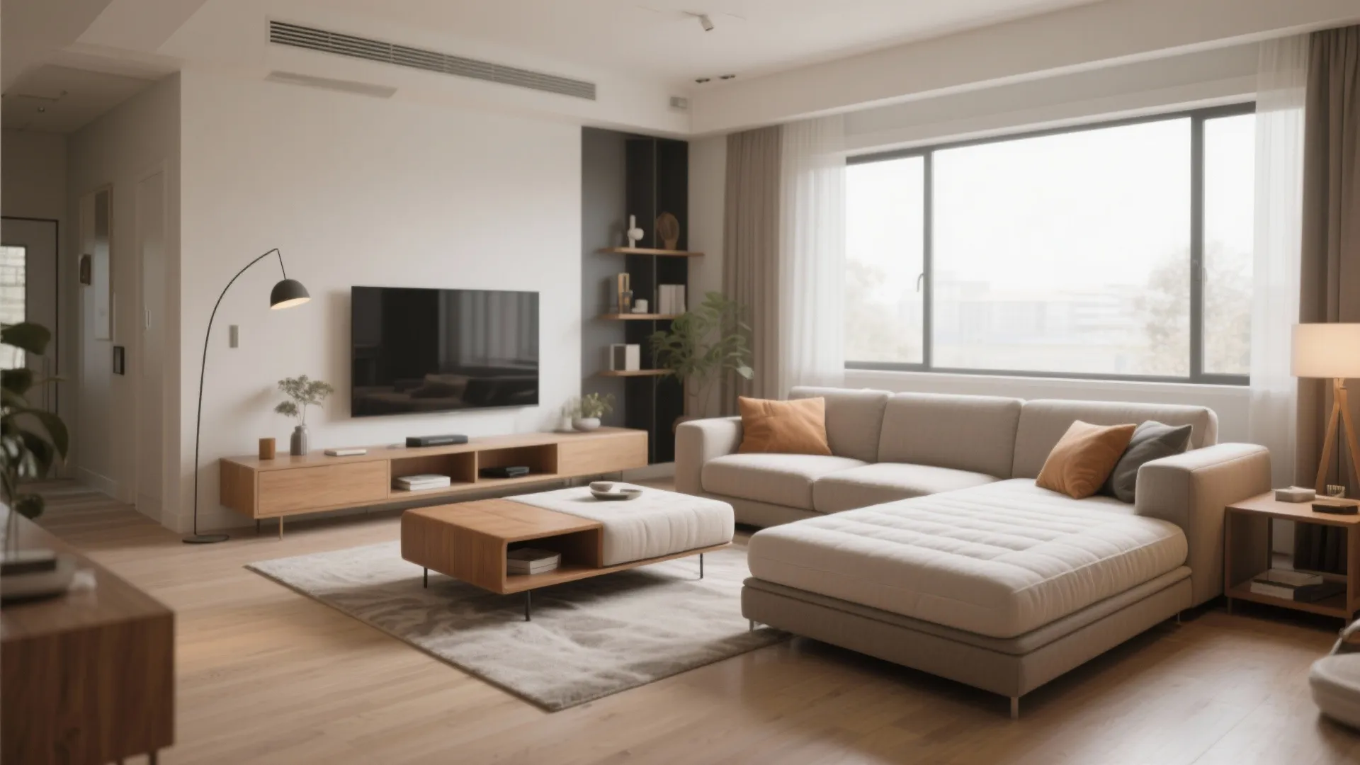 Bright living room featuring sectional sofa with footrest wooden television stand and large glass windows