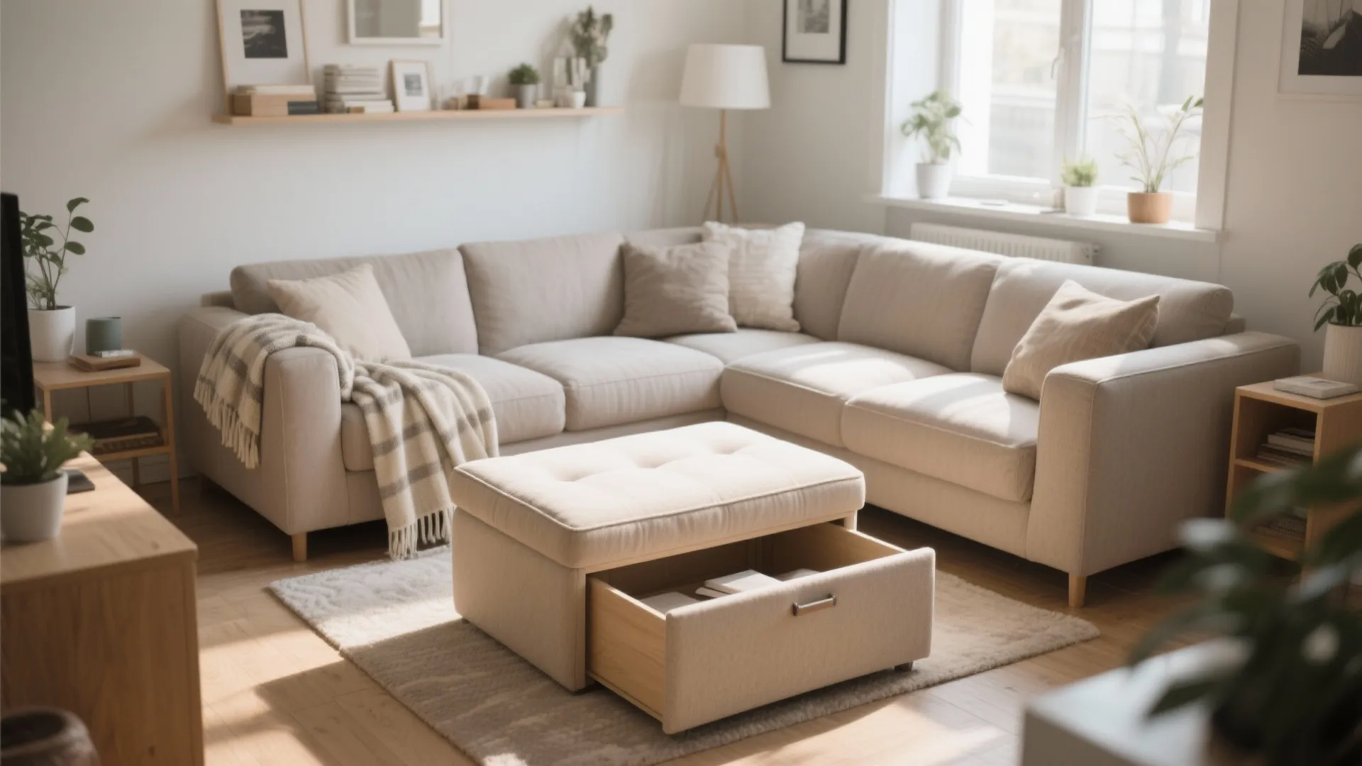 Neutral living room featuring a large sectional sofa and a footrest with a storage drawer