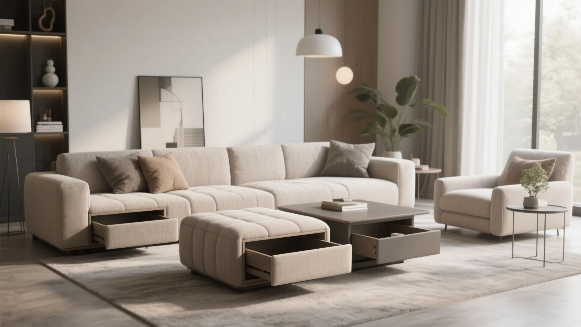 Modern living room featuring beige sofa and footrest with open storage drawers for hidden organization