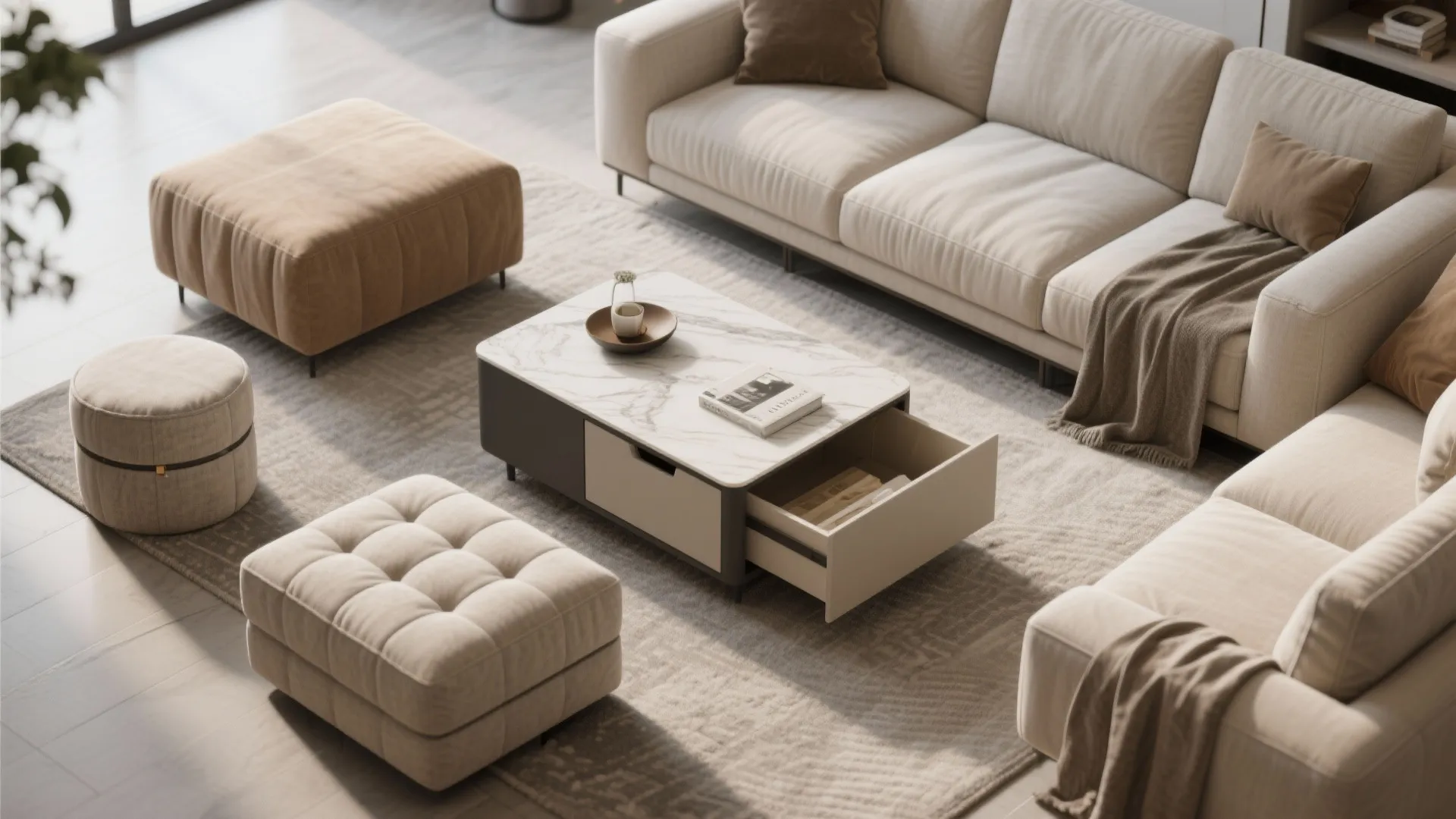 Flatlay of multifunctional furniture for small spaces