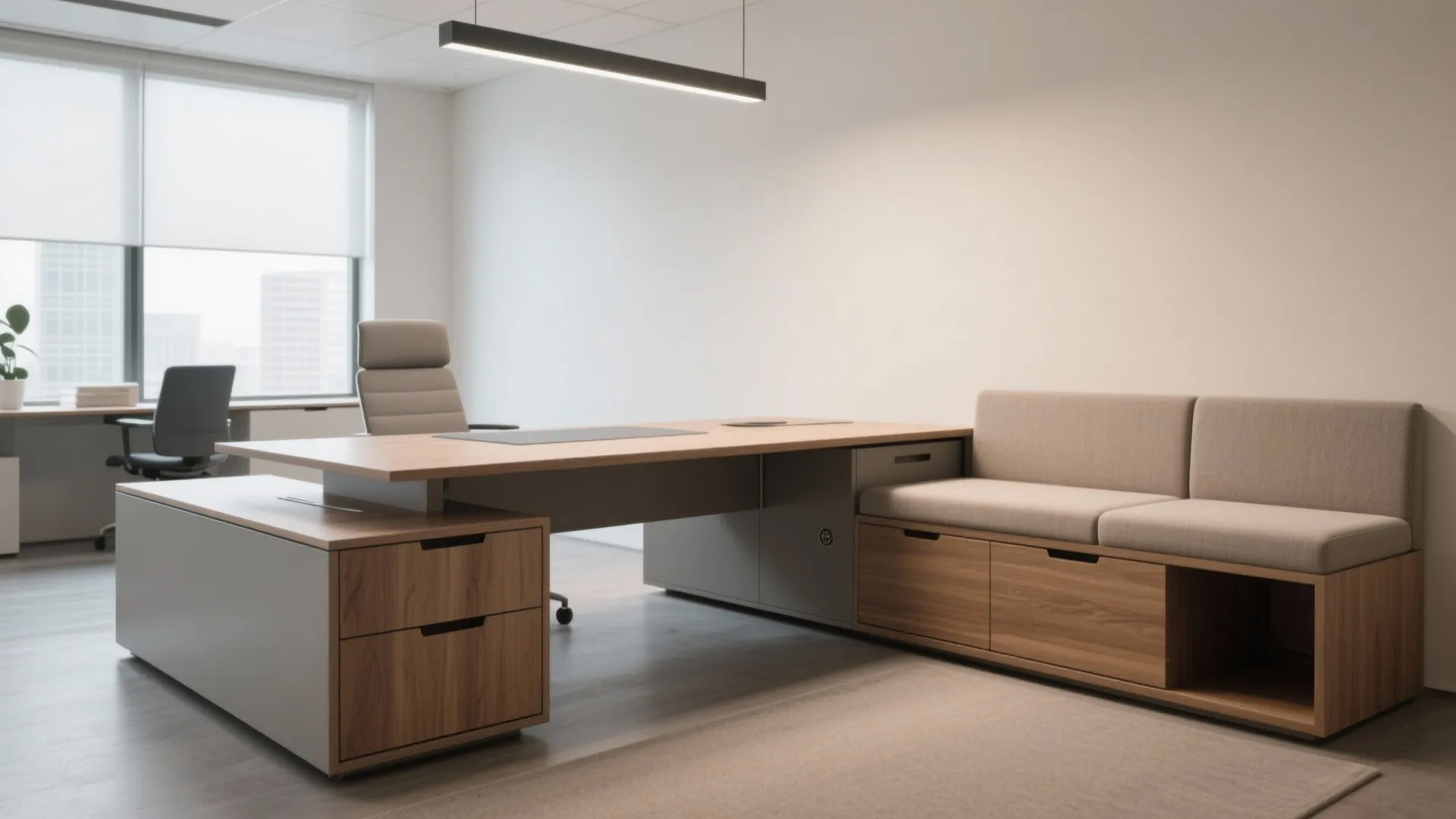 Modern office interior with wooden desk integrated with sofa seating plus cabinets and ceiling light