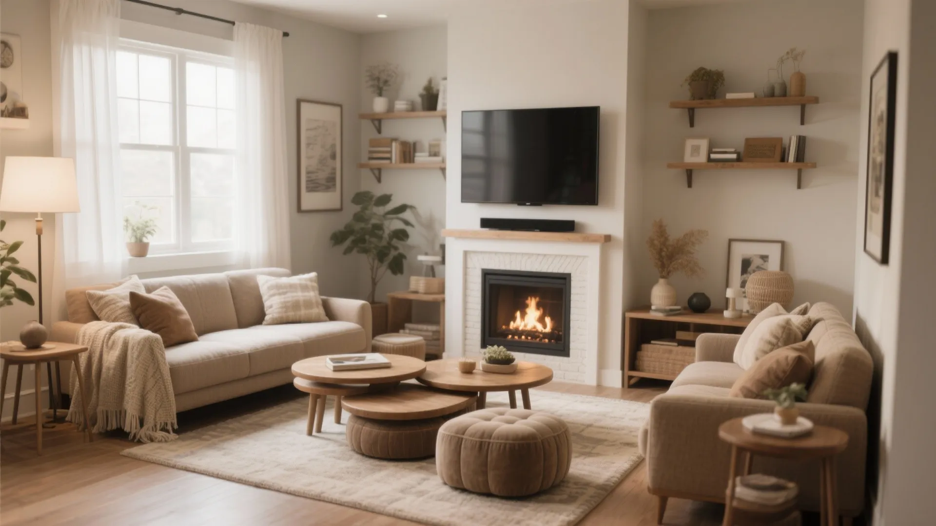 Cozy living room featuring two beige sofas wooden coffee tables footrest and a warm fireplace