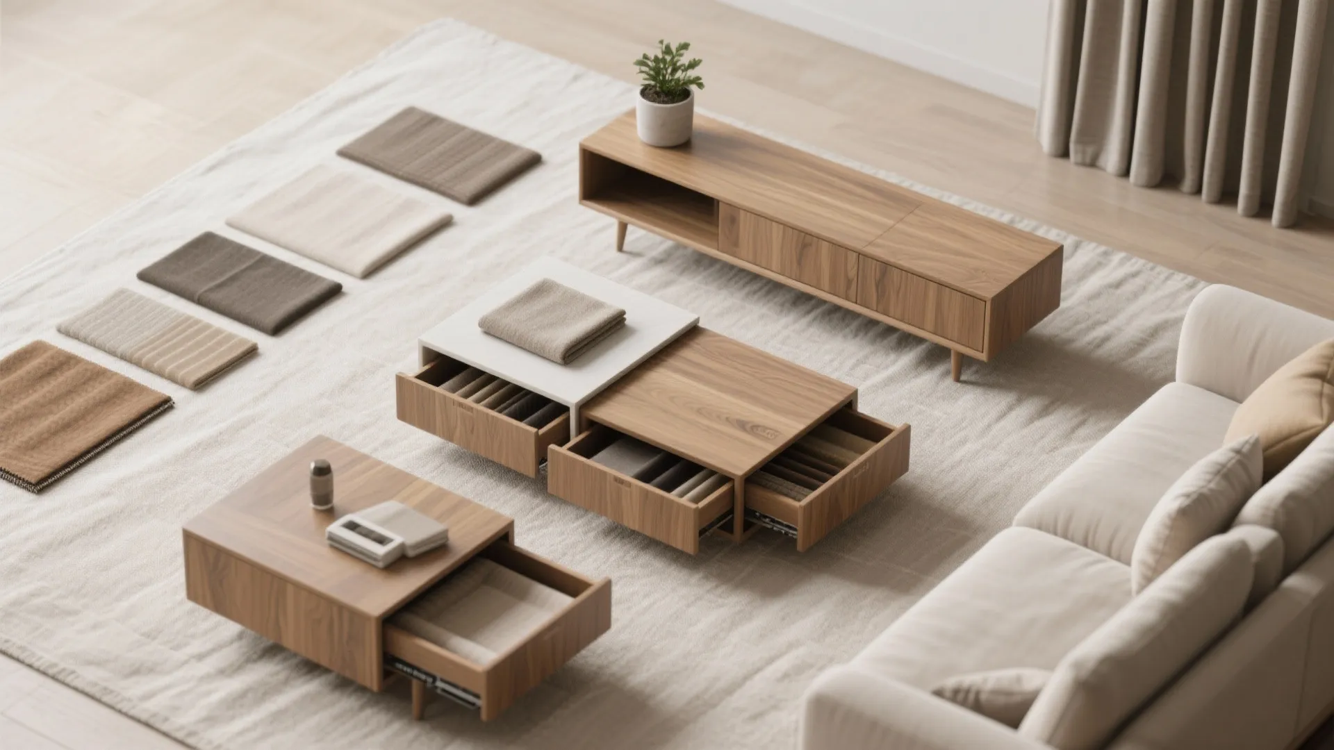 Wooden coffee tables with open storage drawers and fabric samples on a light grey carpet