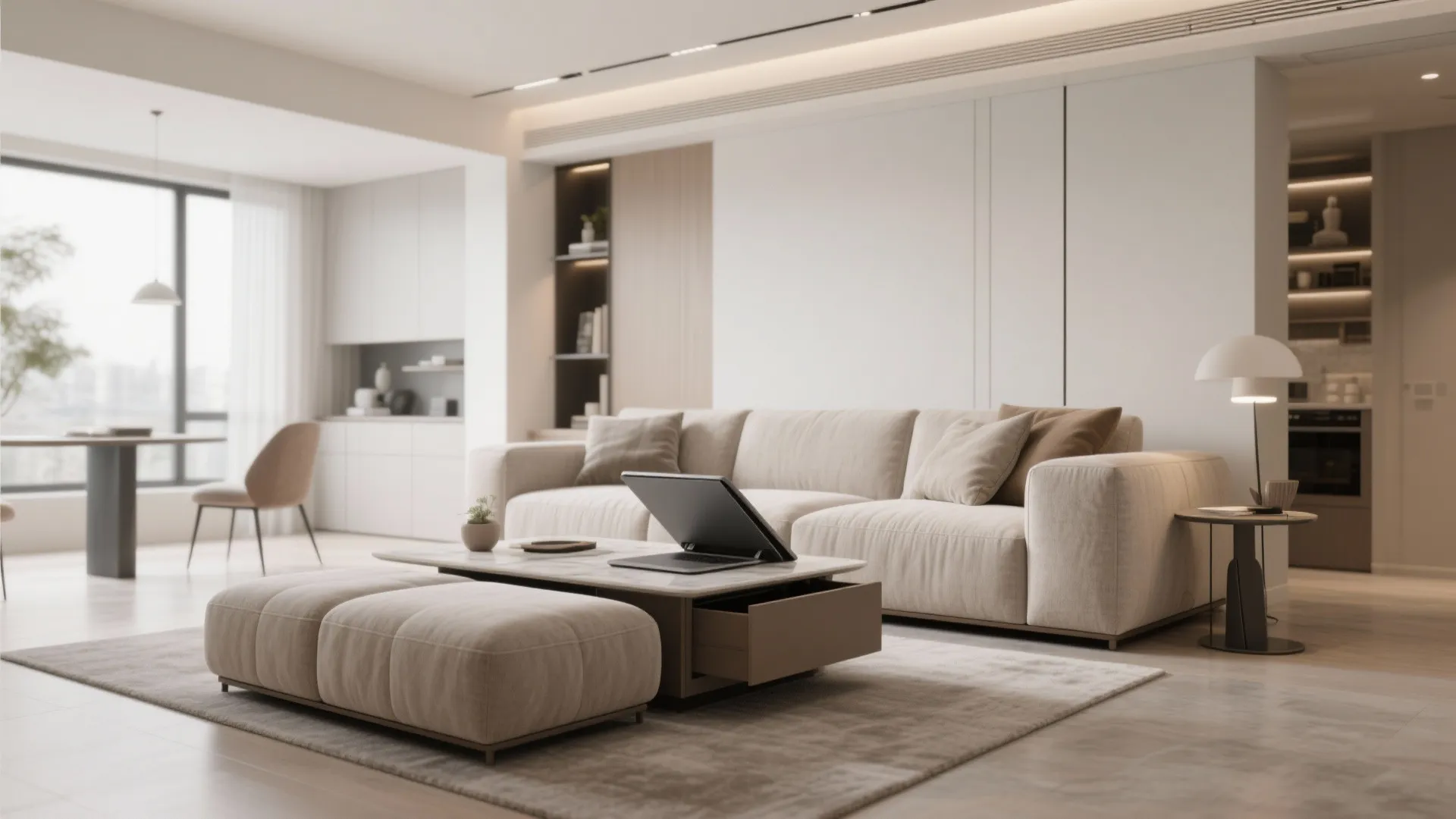 Beige sofa with footrest and coffee table containing storage drawer in a clean modern apartment