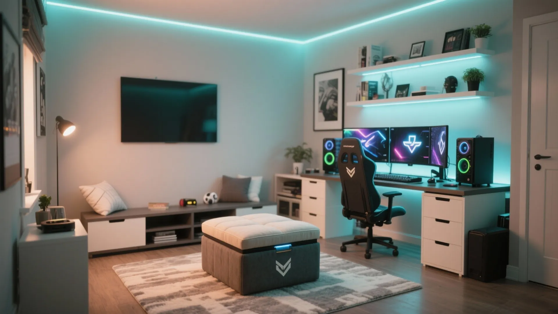 Modern gaming room with blue lights and a grey footrest that works as a seat