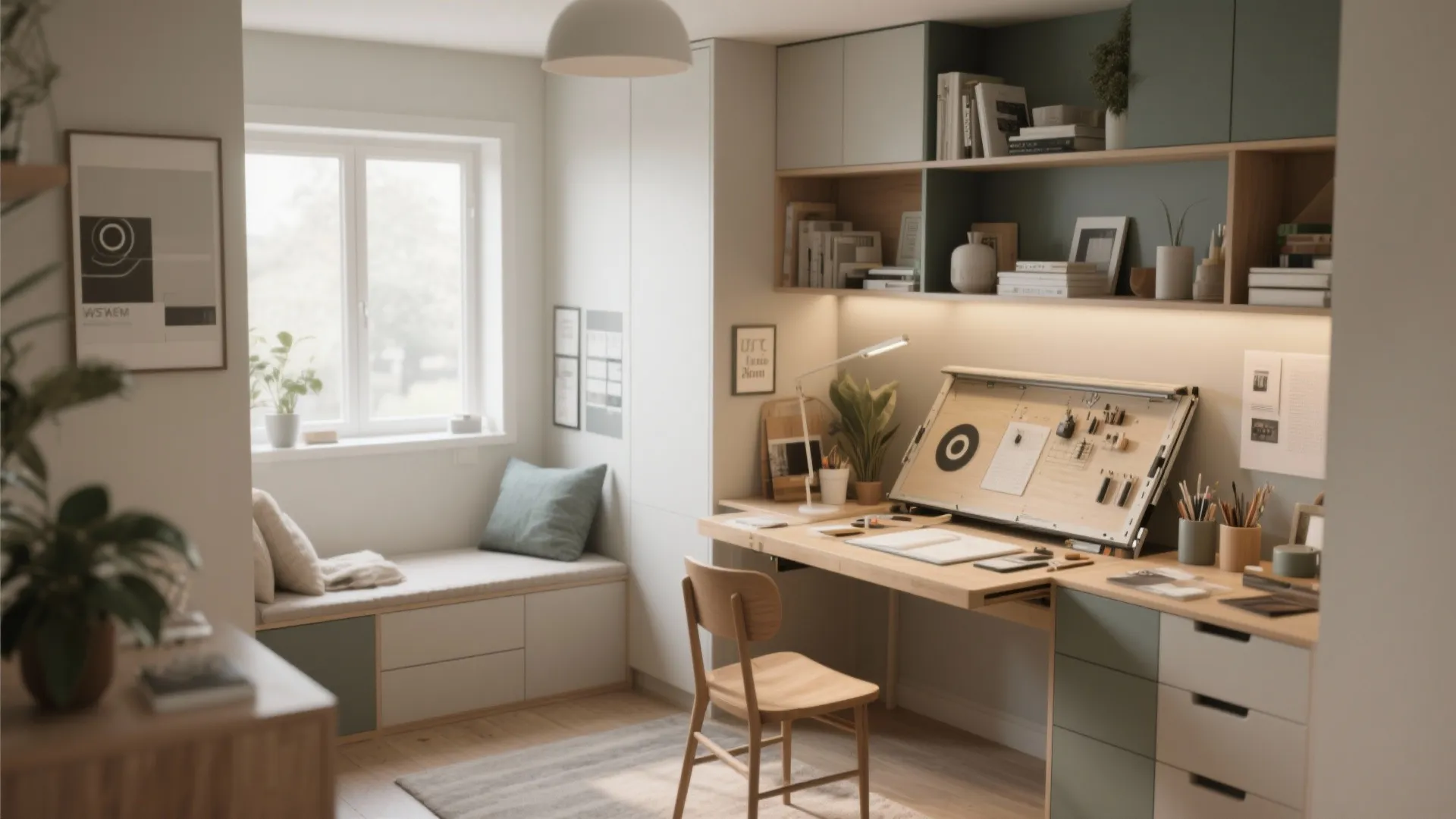 Multifunctional home office featuring a wooden desk green cabinets window seat and natural light setup