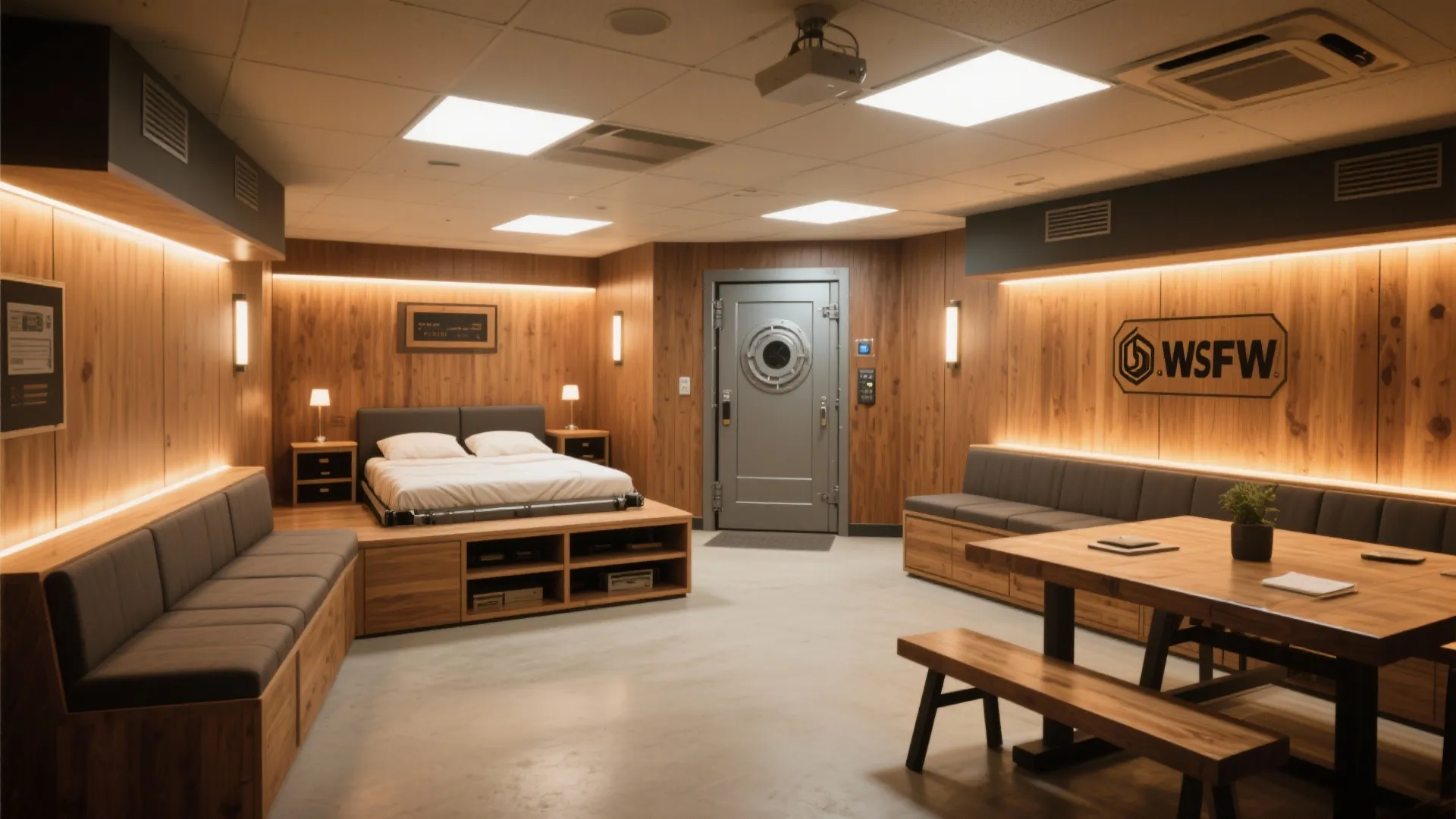 Basement safe room furnished with fold-away bed and multi-use furniture