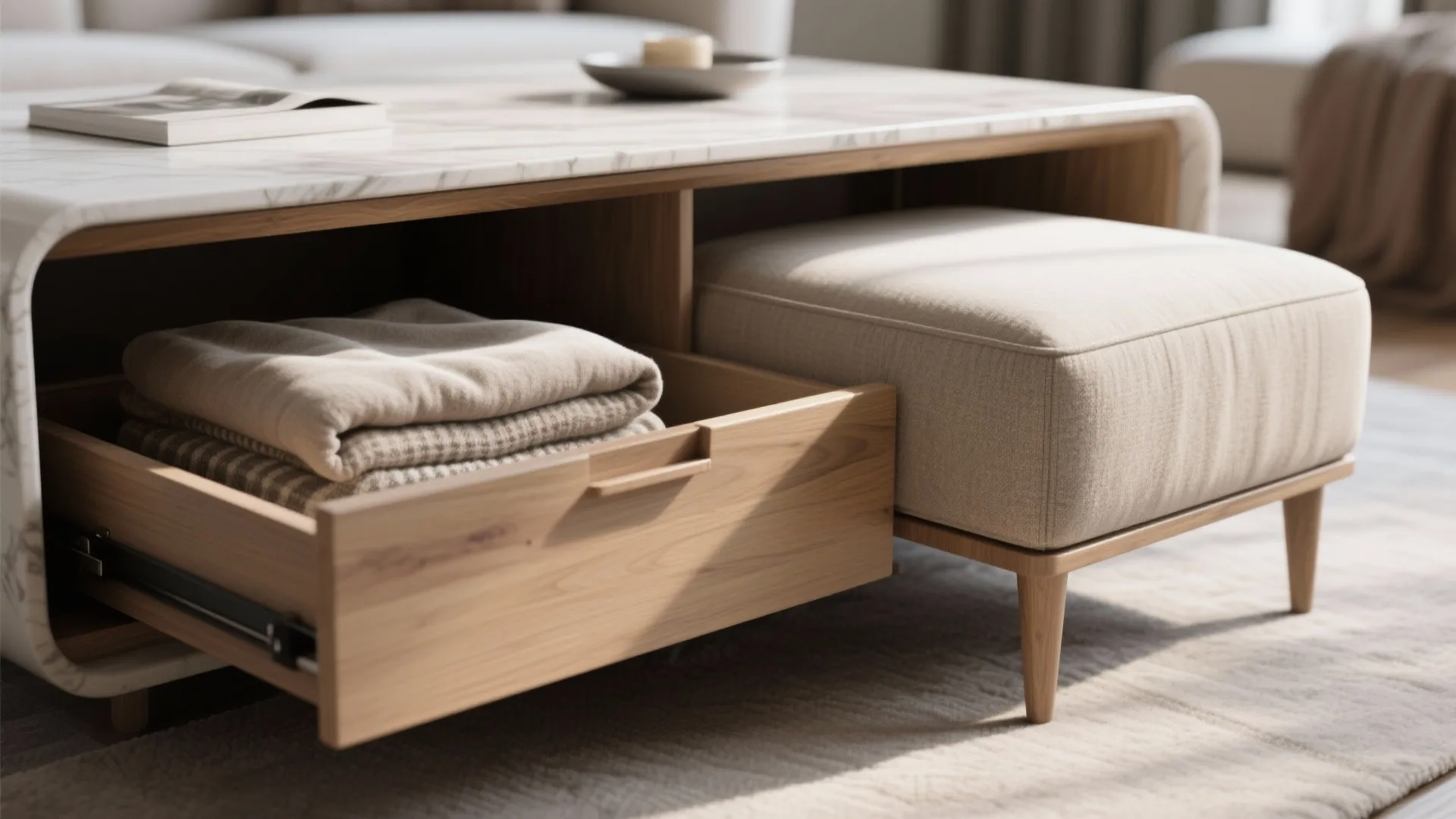 Coffee table with storage and ottoman concealing blankets