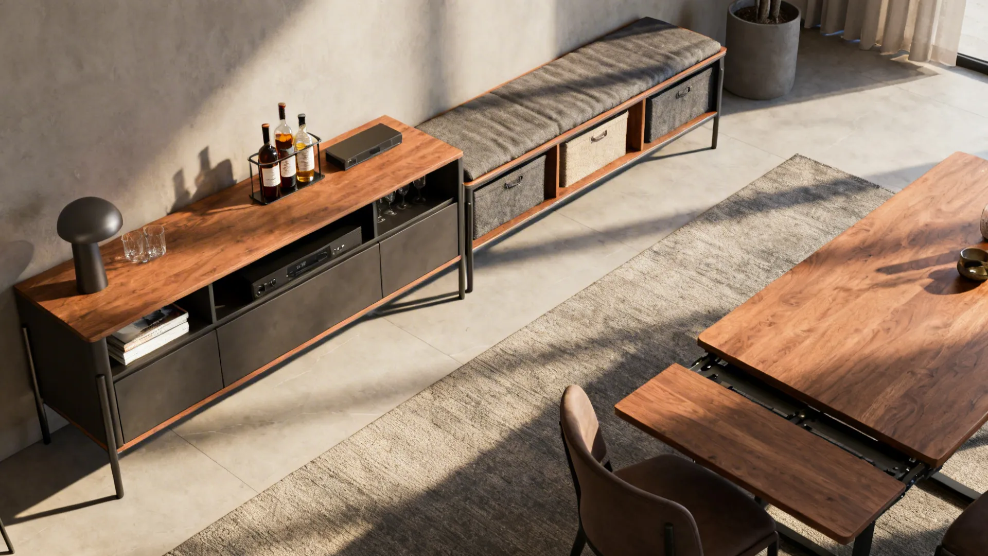 Modern wooden cabinet and storage bench with cushions next to an extendable dining table rug