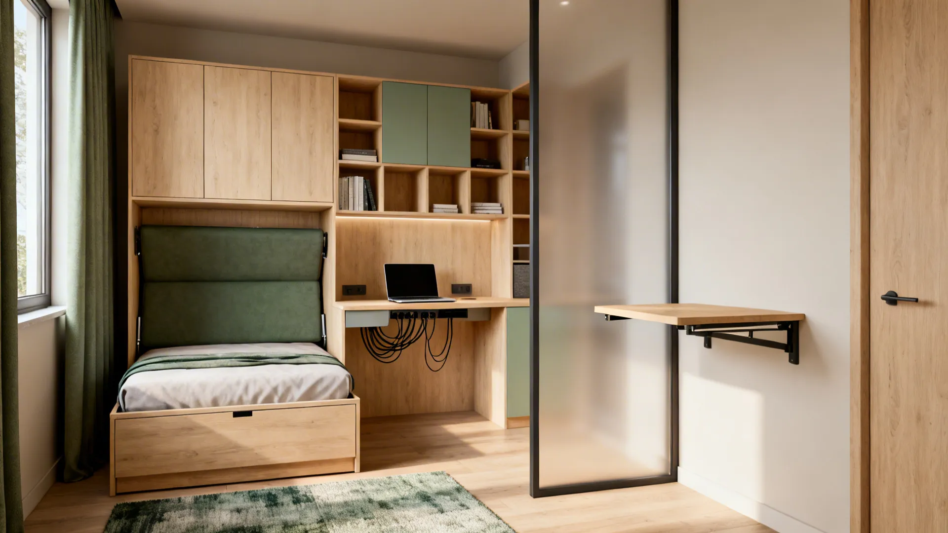 Modern guest room layout with wooden bed furniture storage desk glass divider and natural light
